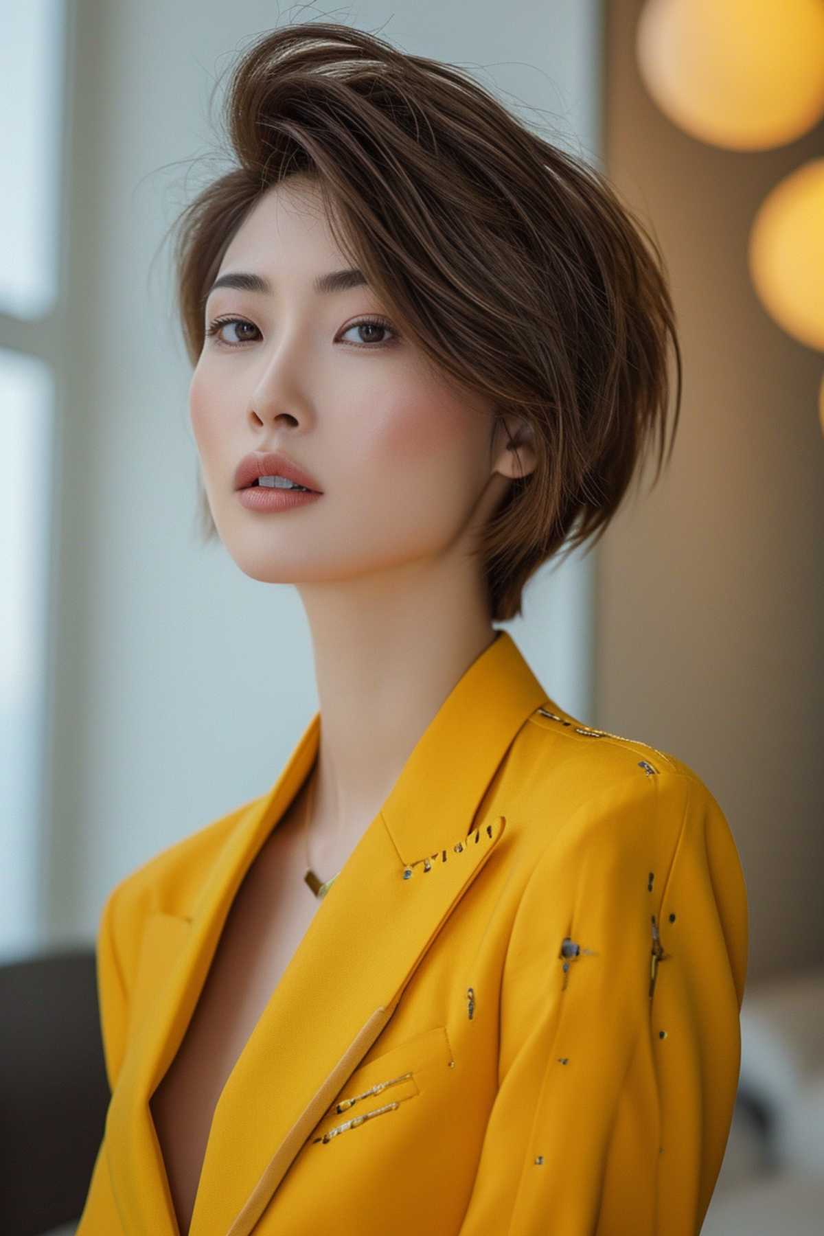 A chic asymmetrical pixie bob on a middle-aged business professional