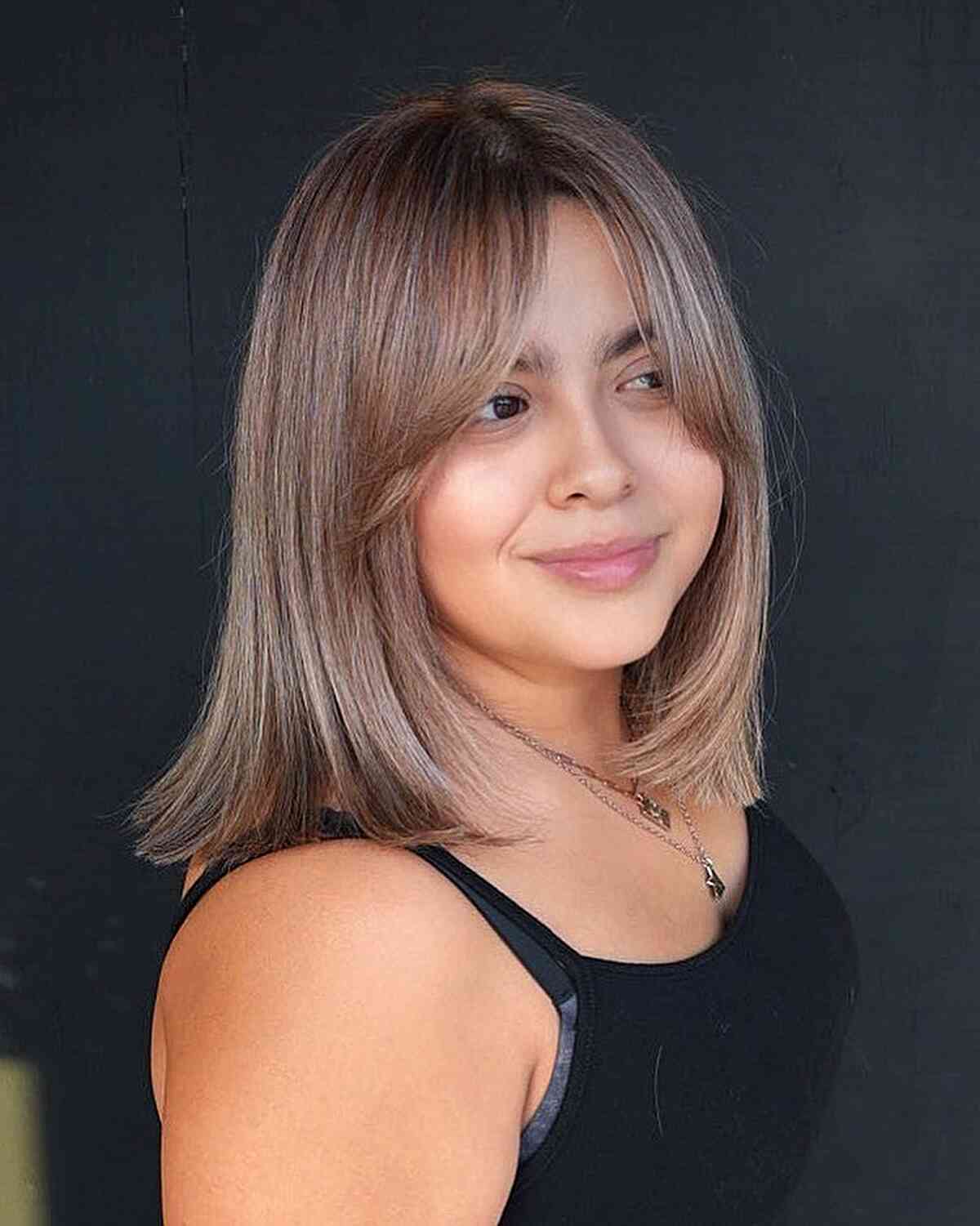Medium-Length Beige Balayage Bob with Soft Curtain Bangs for Fine Hair