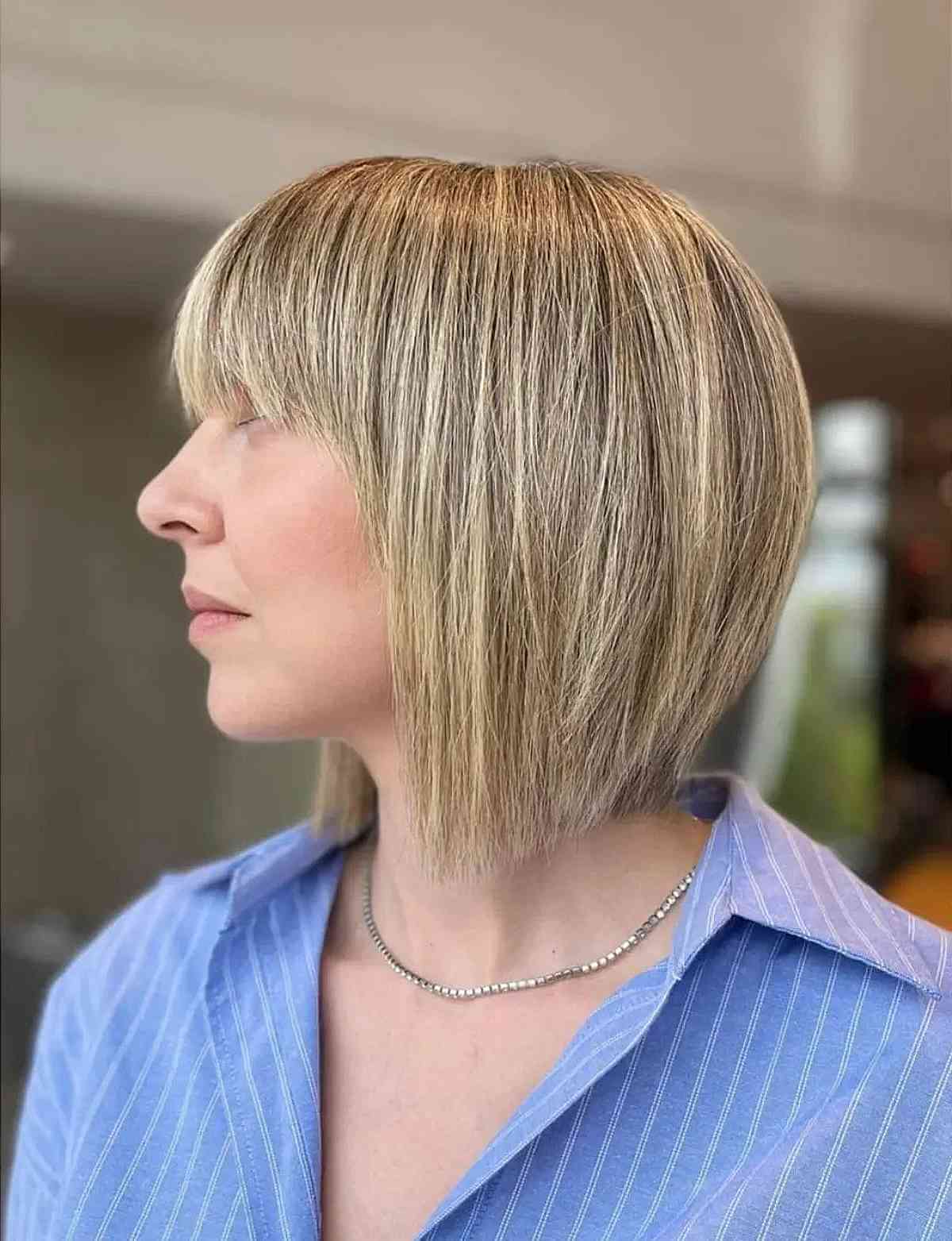 Chic Blonde Bob with Bangs and Subtle Graduation Cut at Neck-Length
