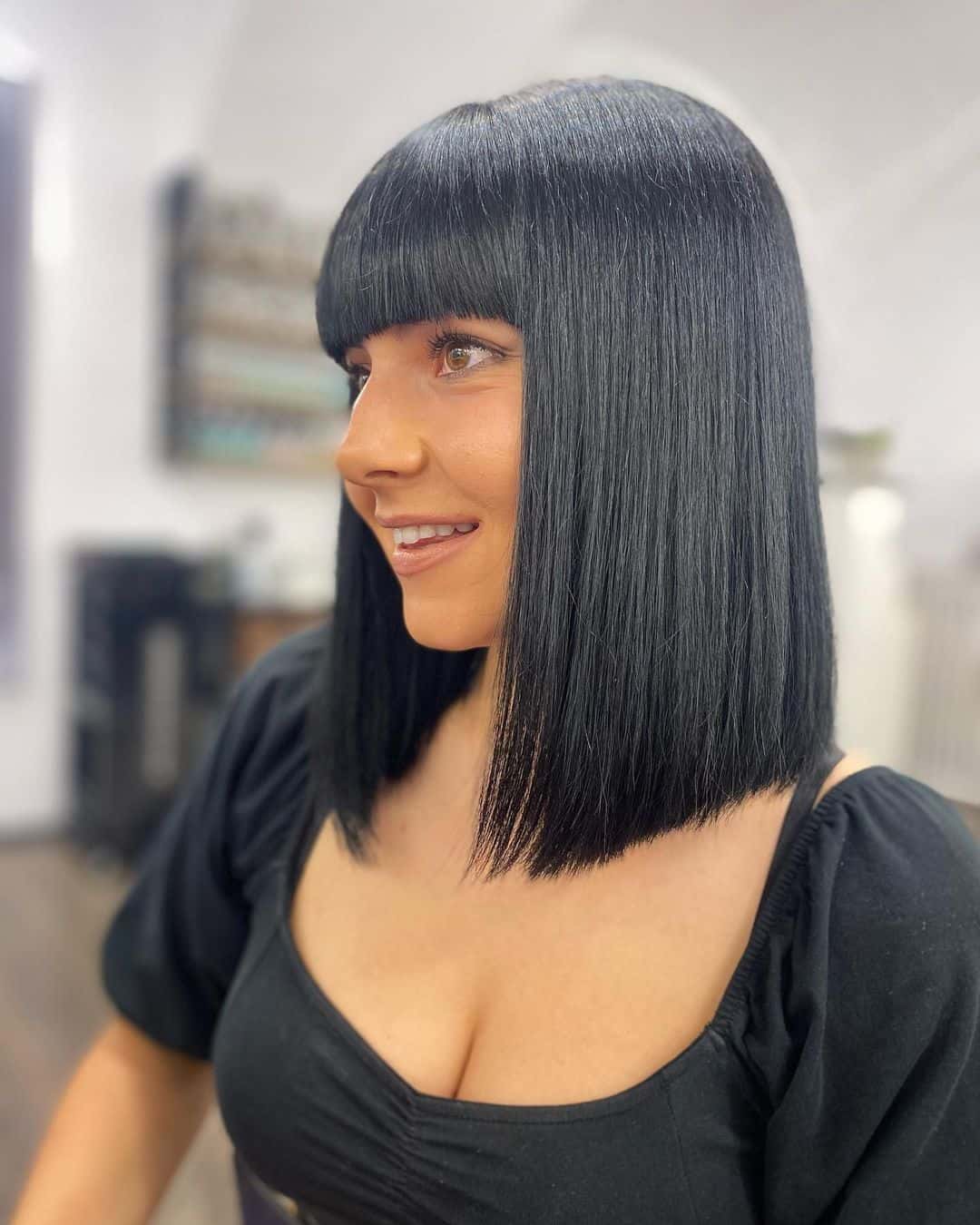 Chic long bob hairstyle with Blunt Bangs