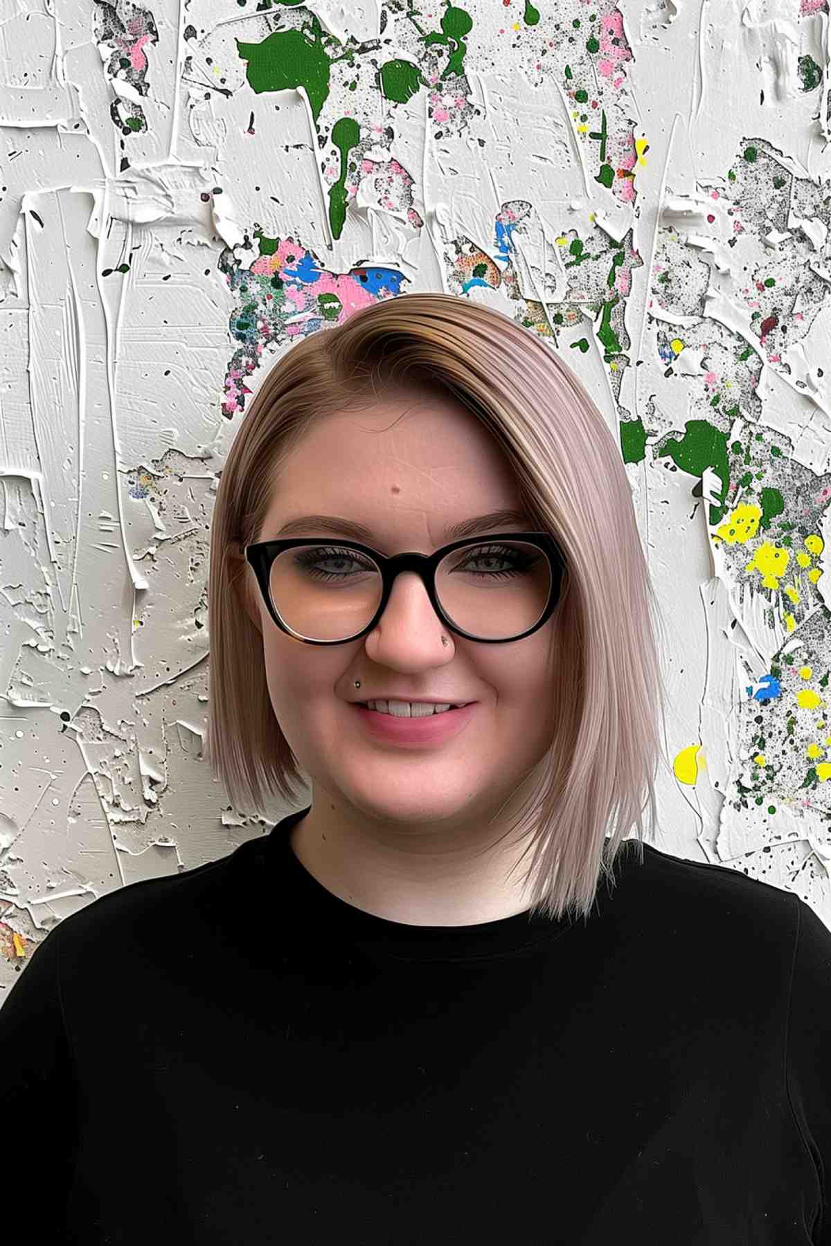 Chic platinum blonde blunt bob hairstyle for woman with round face