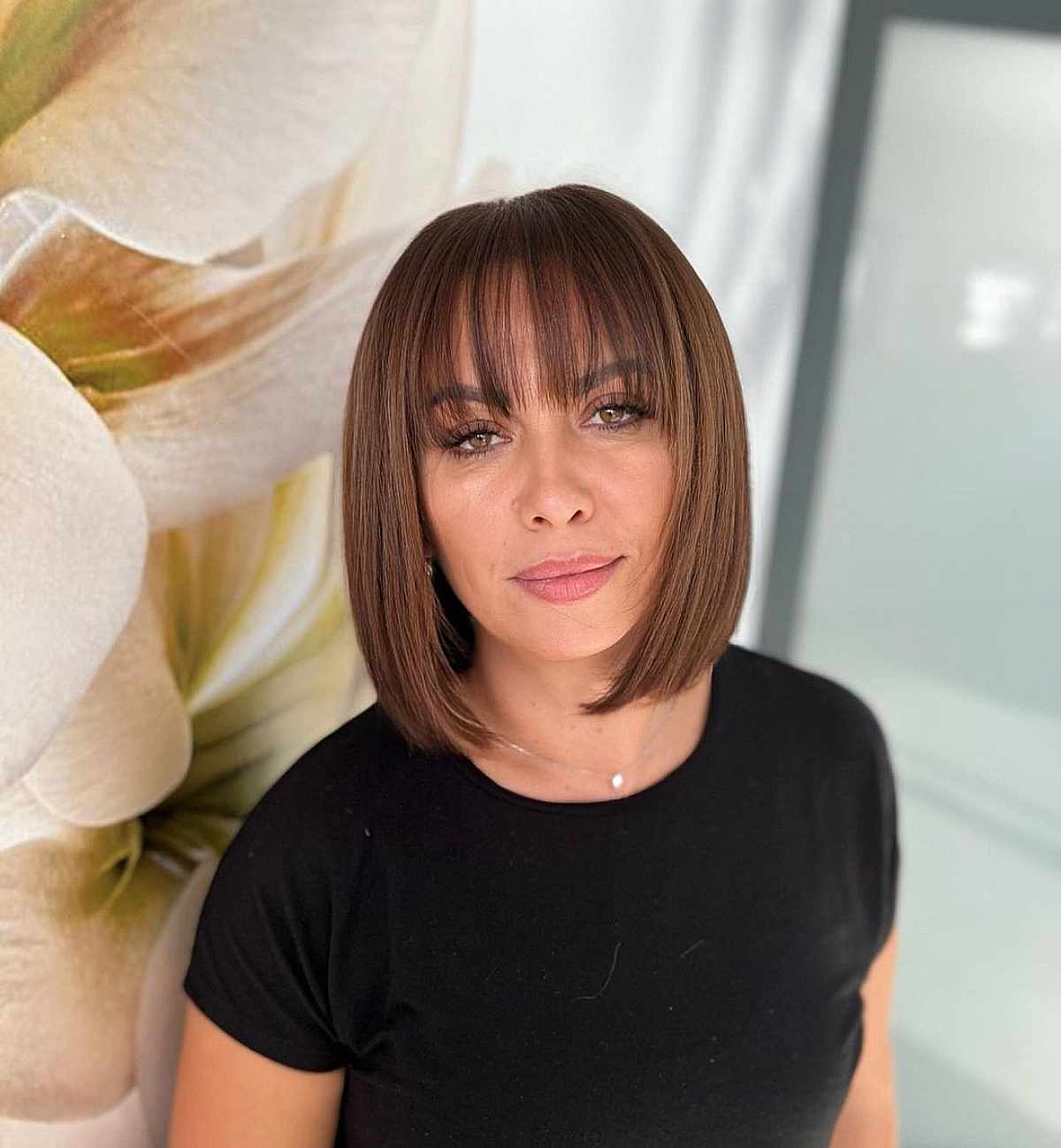 Chic Brunette Bob with Delicate Bangs