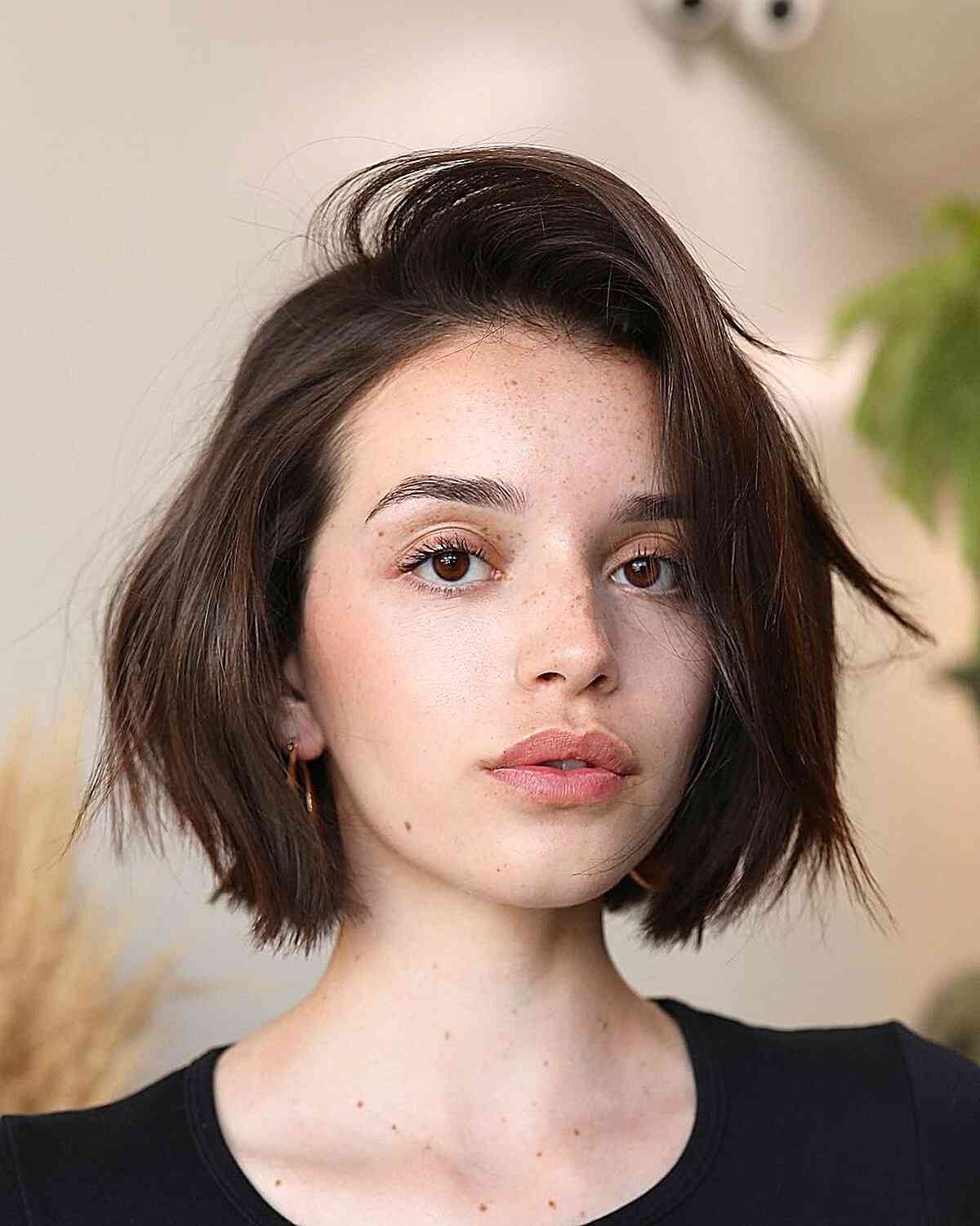 Chic Brunette Short Side-Swept Bob Hairstyle