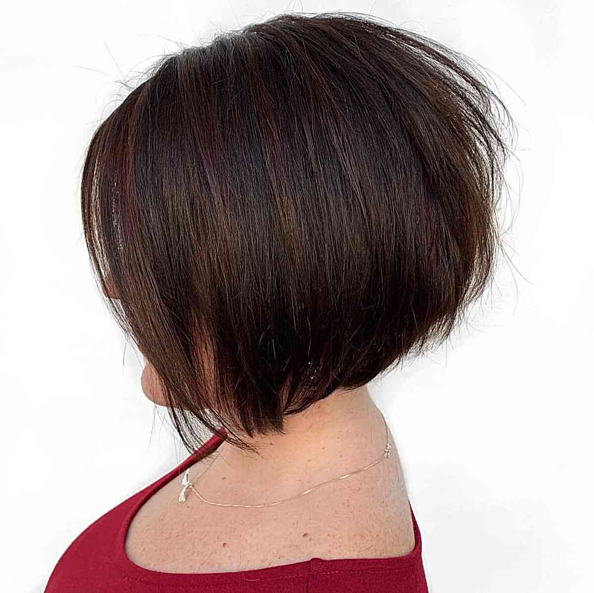 Short Chin-Length Brunette Stacked Bob on Finer Locks