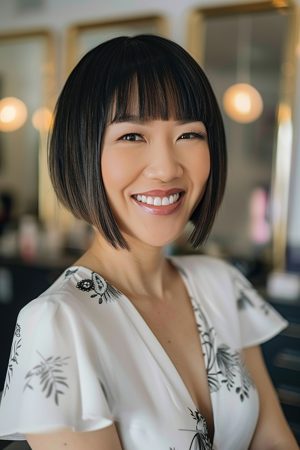 Asian woman showcasing a chic chin-length Chinese bob haircut