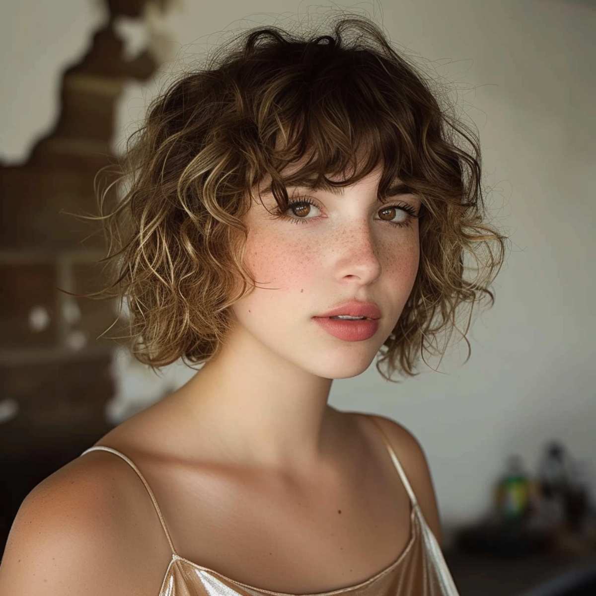 Chic curly hair bob featuring bangs