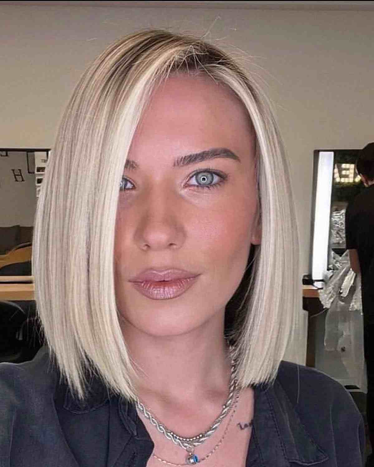 Chic Deep Side Part on a Blonde Straight Lob