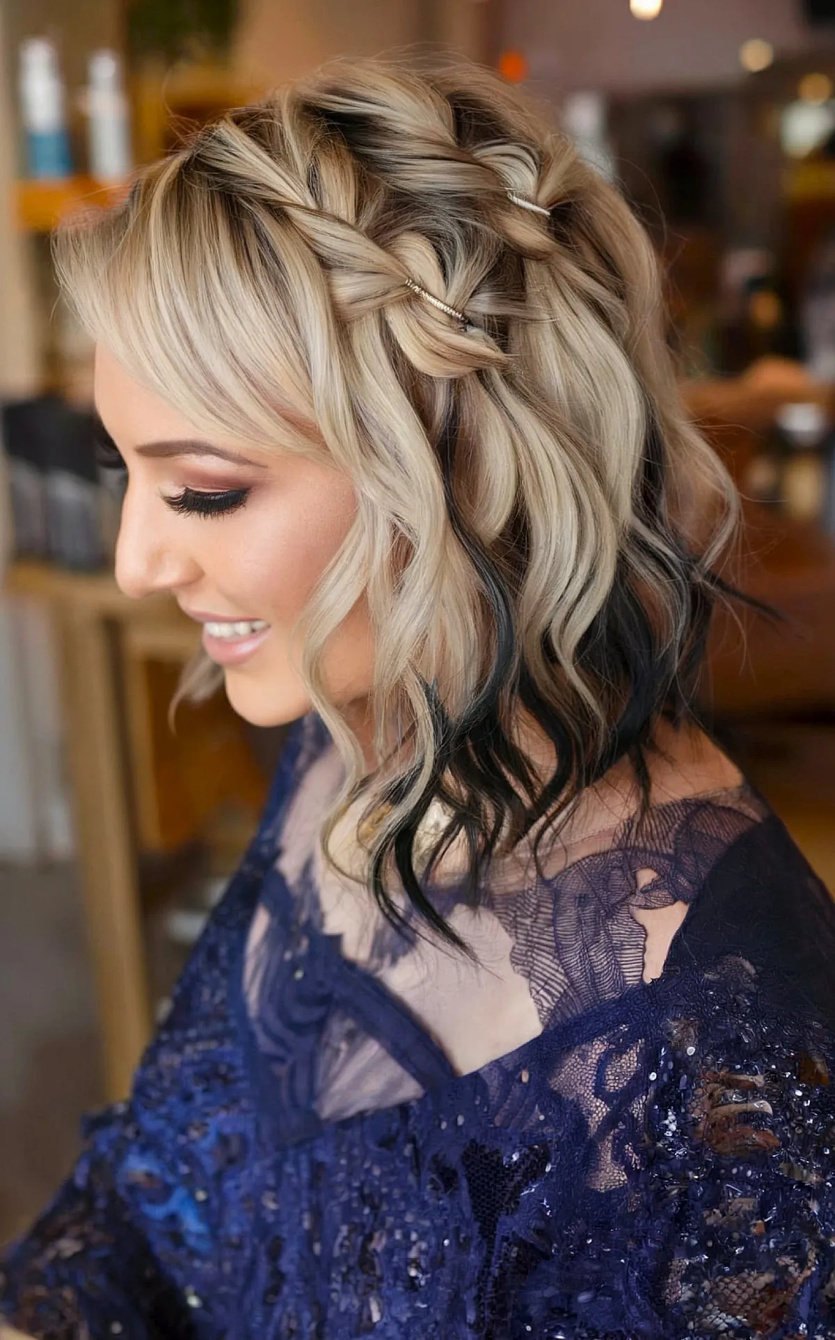 Chic Blonde Dip-Dyed Hair with Tiny Twists, Soft Waves and Mini Floral Accessories