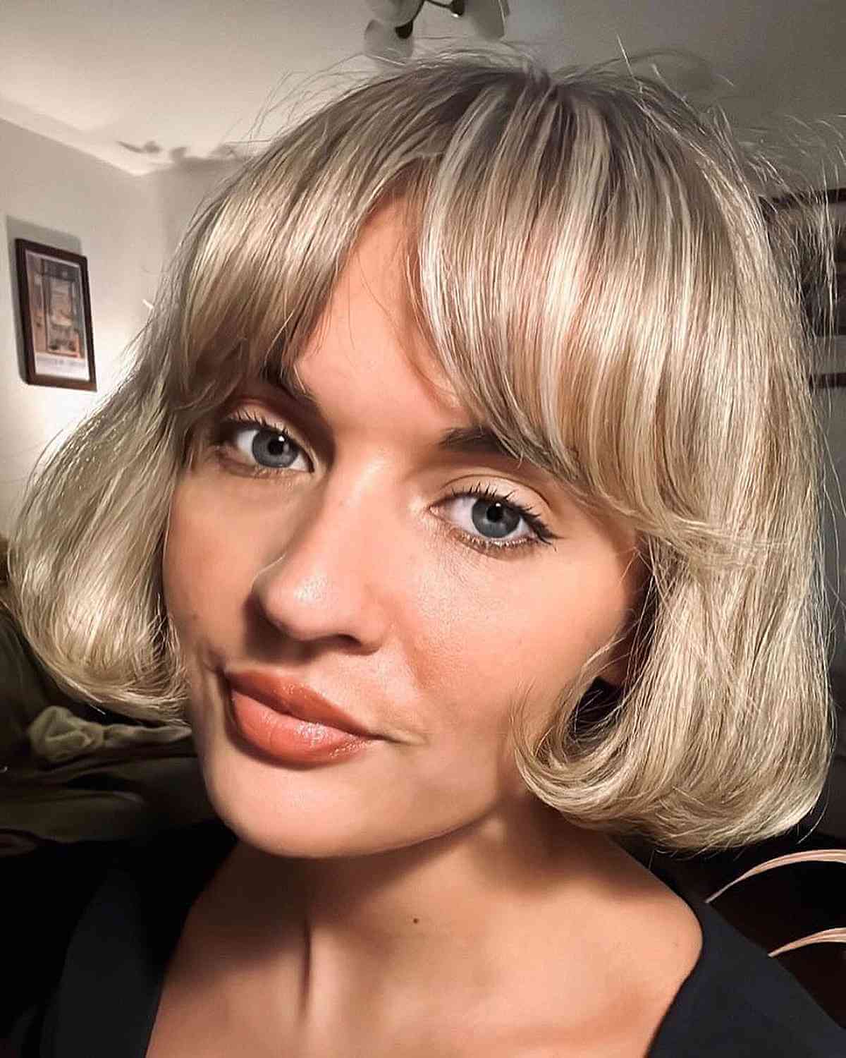 Chic French Blonde Bob with Curtain Bangs for Fine Hair
