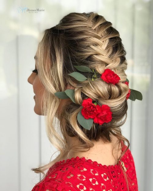 Chic French Braid Updo with Effortless Bangs