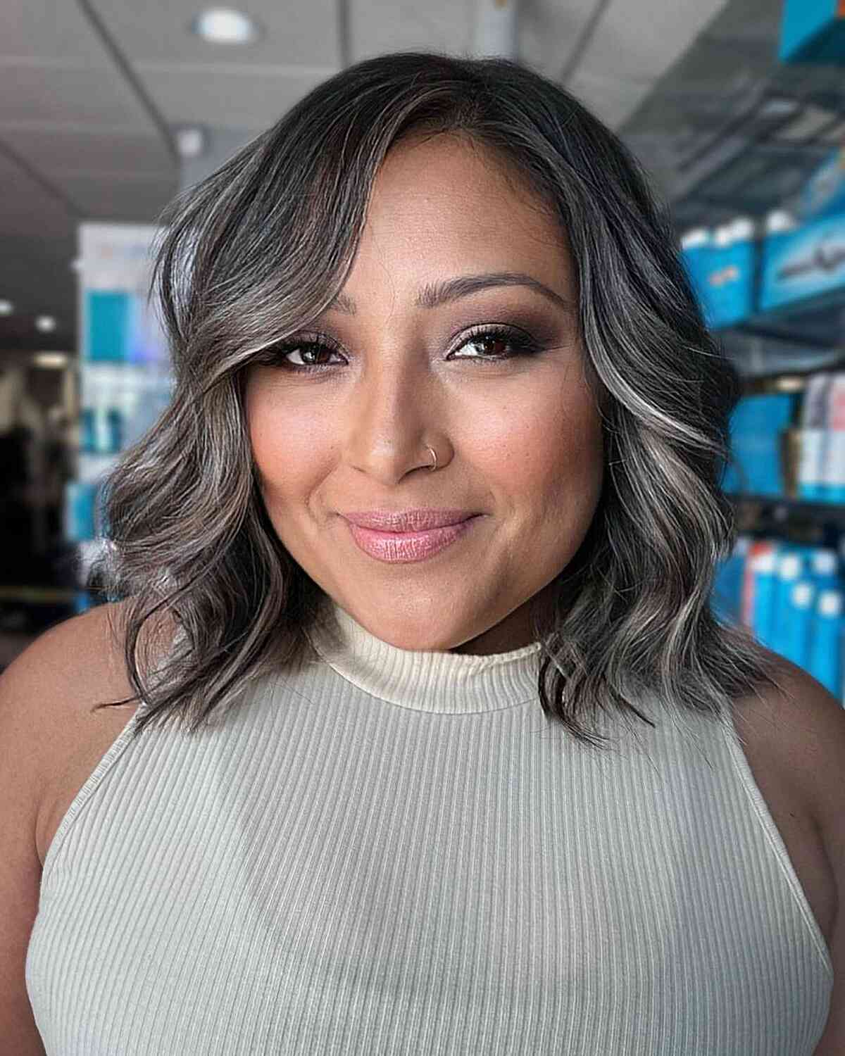 Elegant Gray Balayage on Short Hair for Round Face Shapes