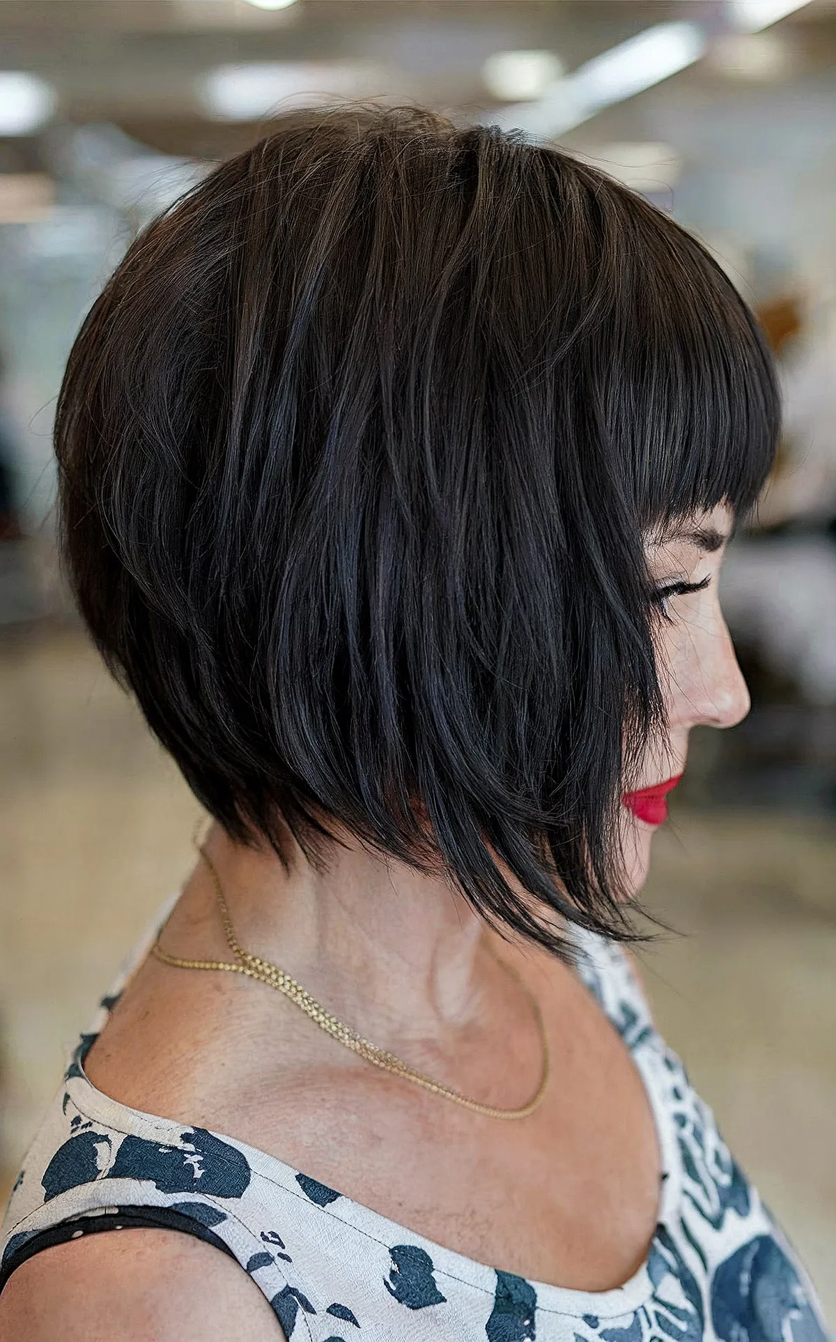 Chic Jet Black Layered Bob with Bangs for women with short hair