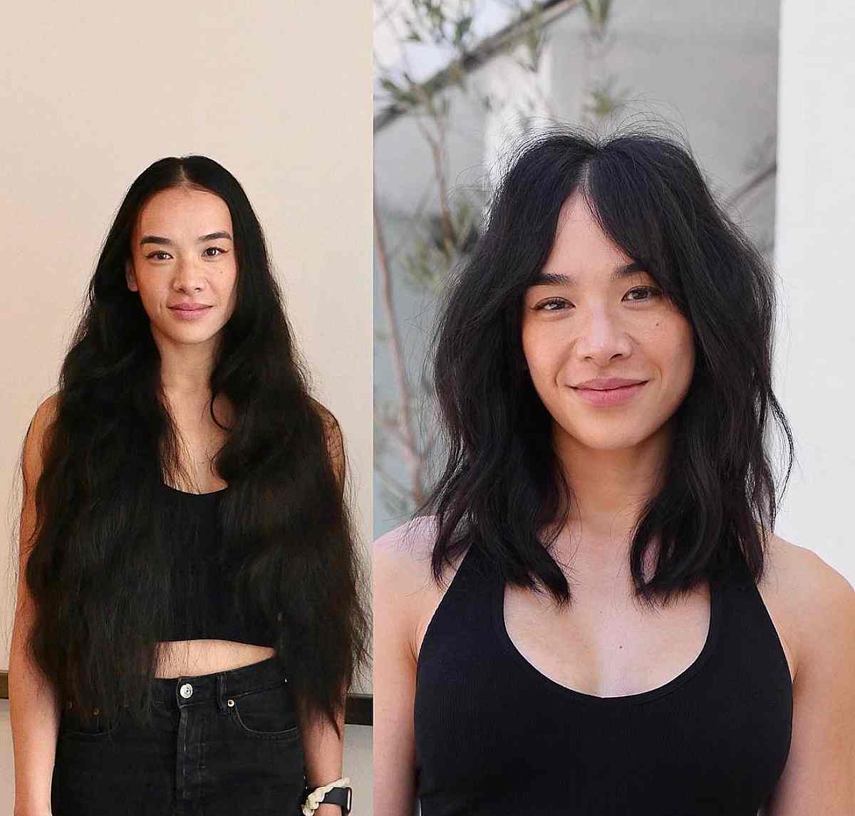 Chic Jet Black Shaggy Cut with Curtain Fringe