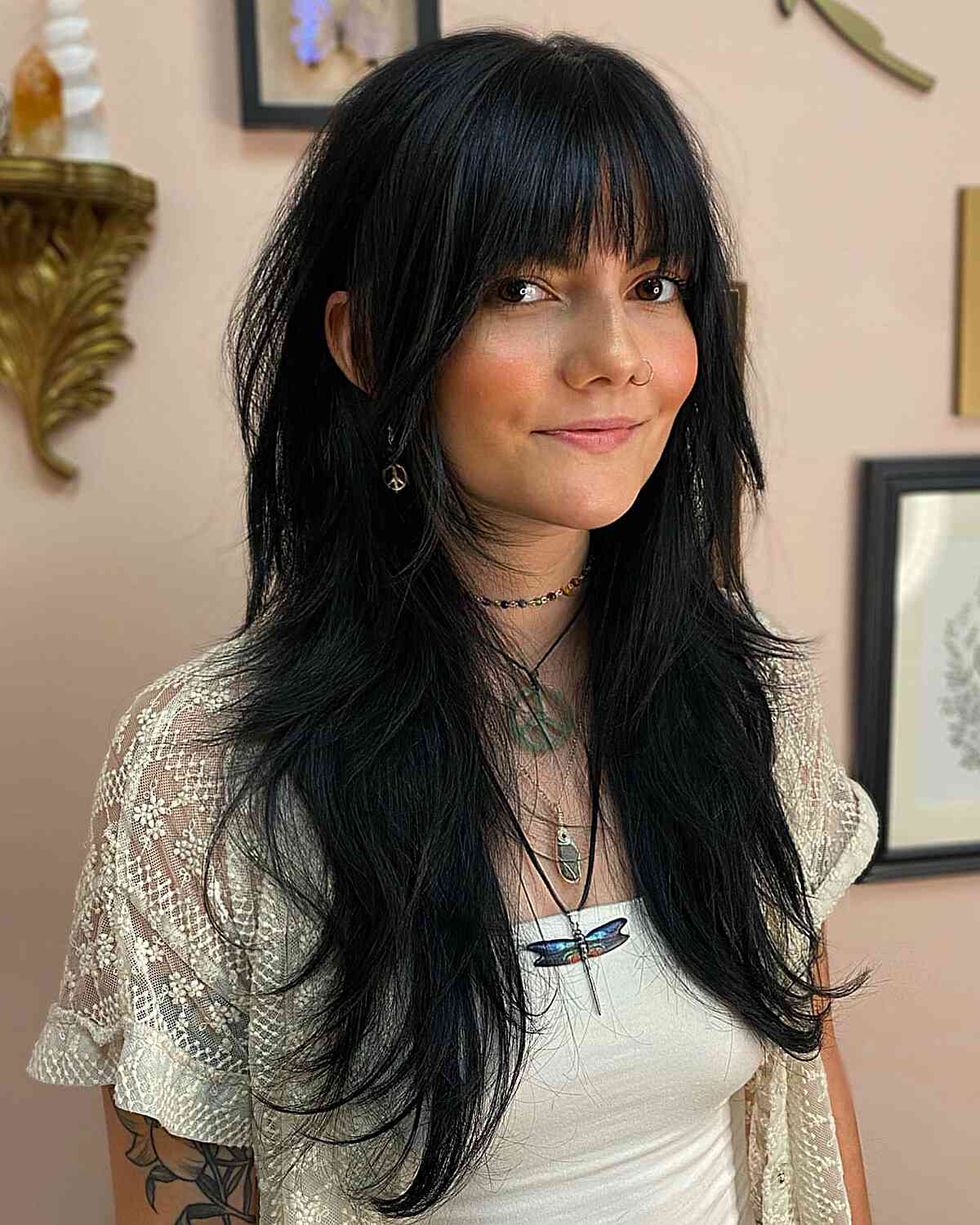 Chic Long Jet Black Shag with Wispy Bangs for women with layered hair