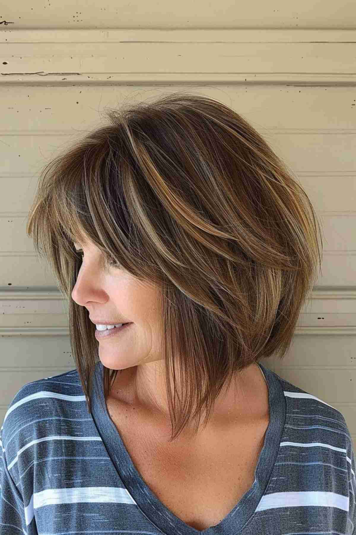 Stylish mid-length layered bob with gentle highlights for women over 40