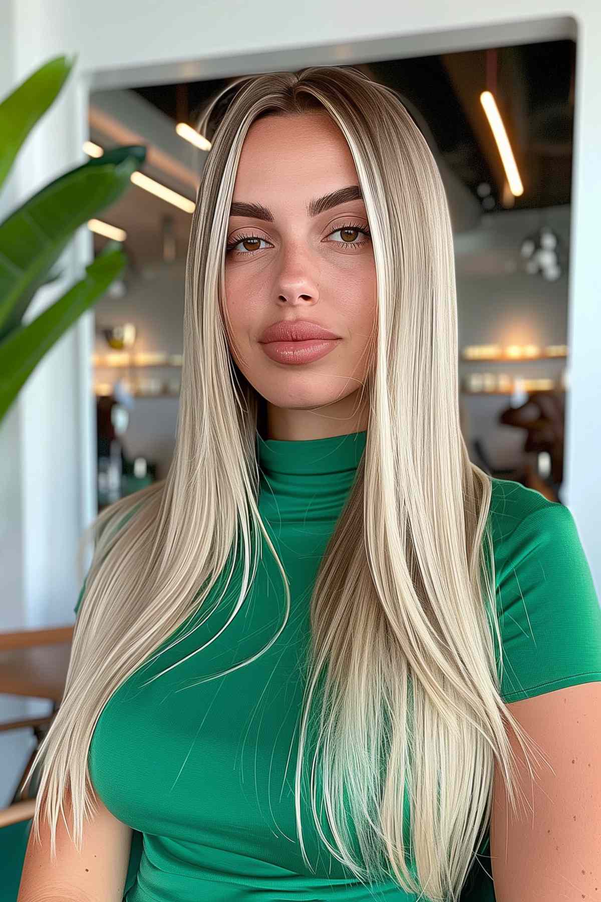 Woman with chic long layers and face-enhancing highlights, perfect for fine hair
