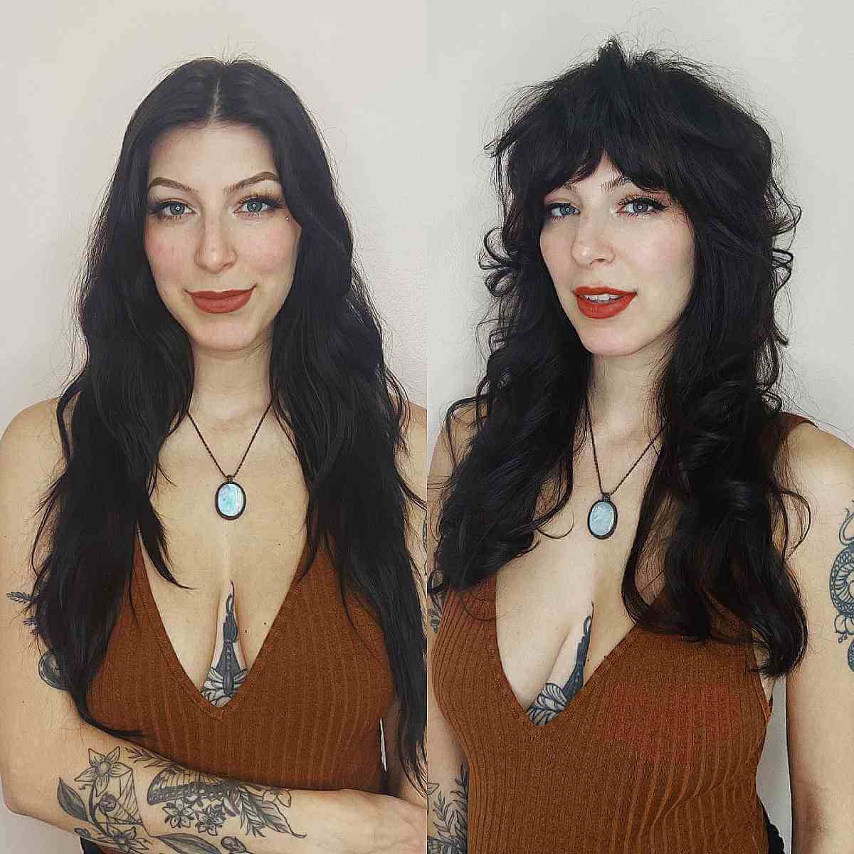 Chic Long Shaggy Hair Featuring Bold Bangs