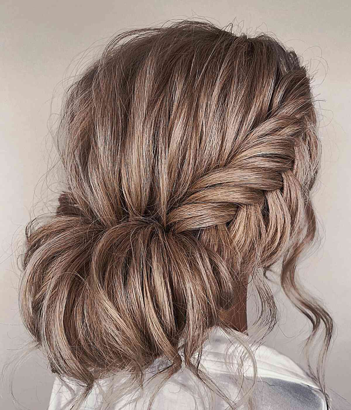 Chic Low Bun with a Fishtail Braid Updo for Long Hair