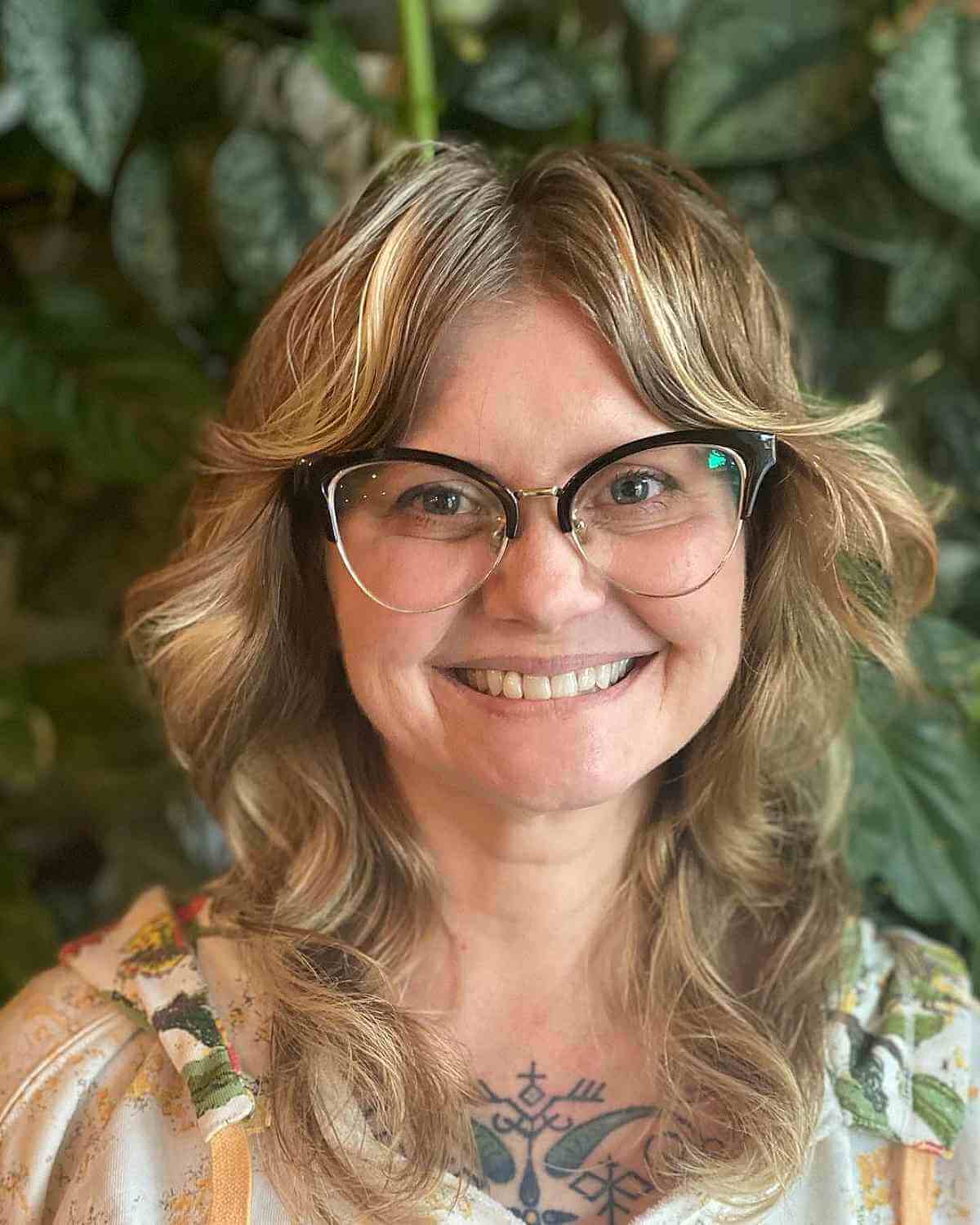 Chic Medium Shag with Soft Curls and Curtain Bangs for Women Over 50