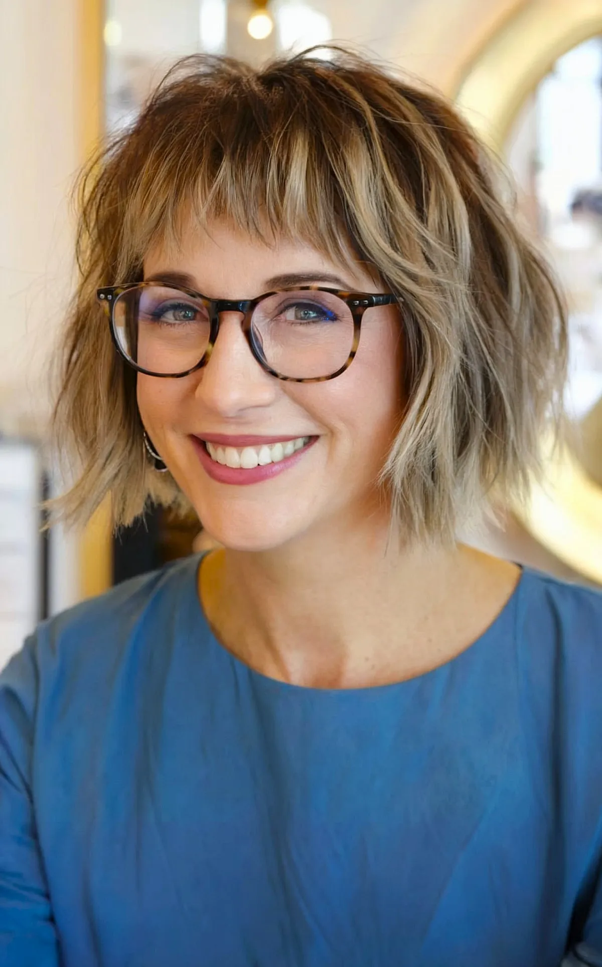 Neck-Grazing Chic Messy Bob with Short Bangs for Women Over 40 with Glasses