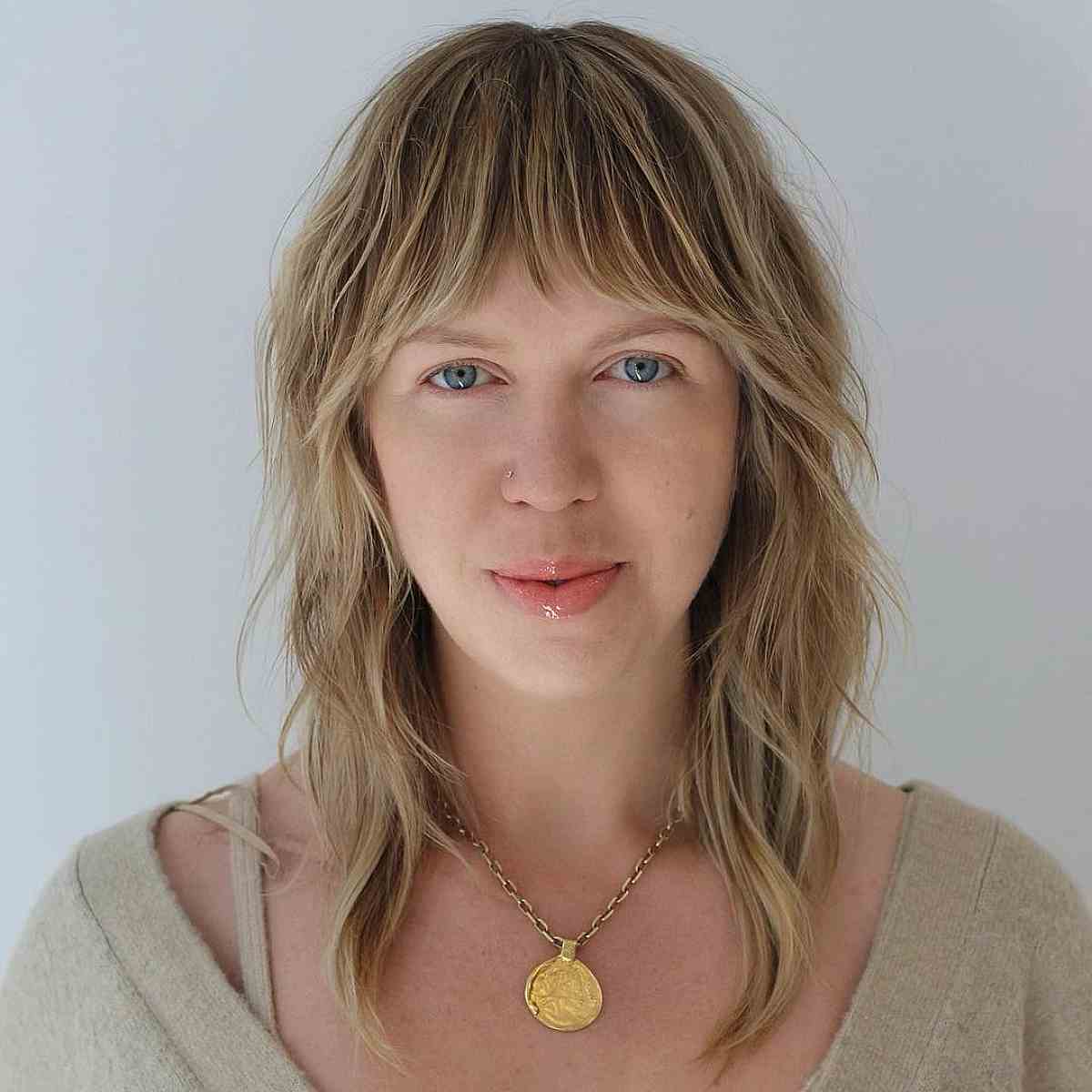 Chic Mid-Length Messy Lob with Layered Bangs