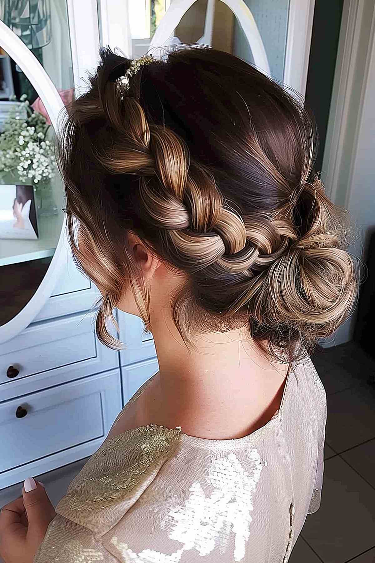 Chic messy updo with braided headband