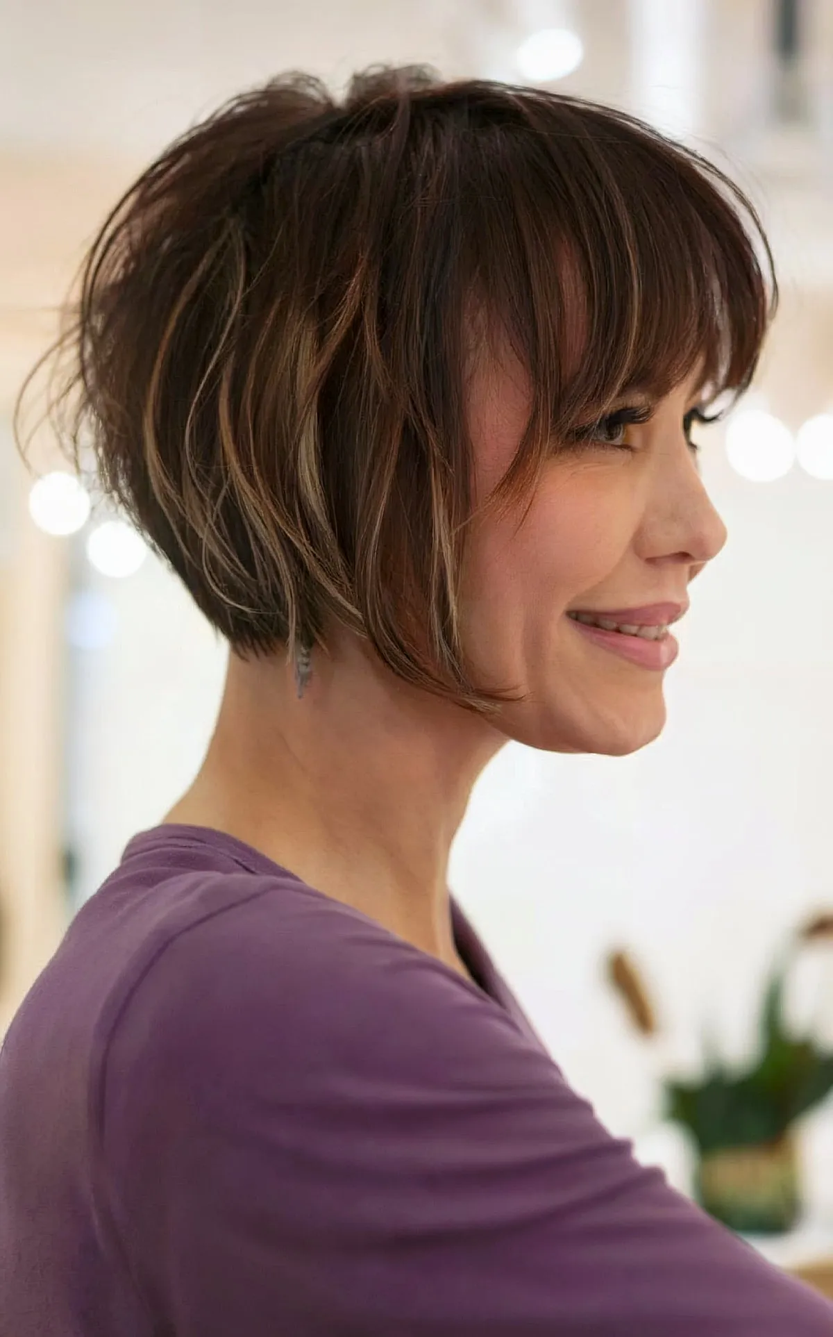 Chic Micro Bob Featuring Bangs and Soft Layers for Ladies Over 40