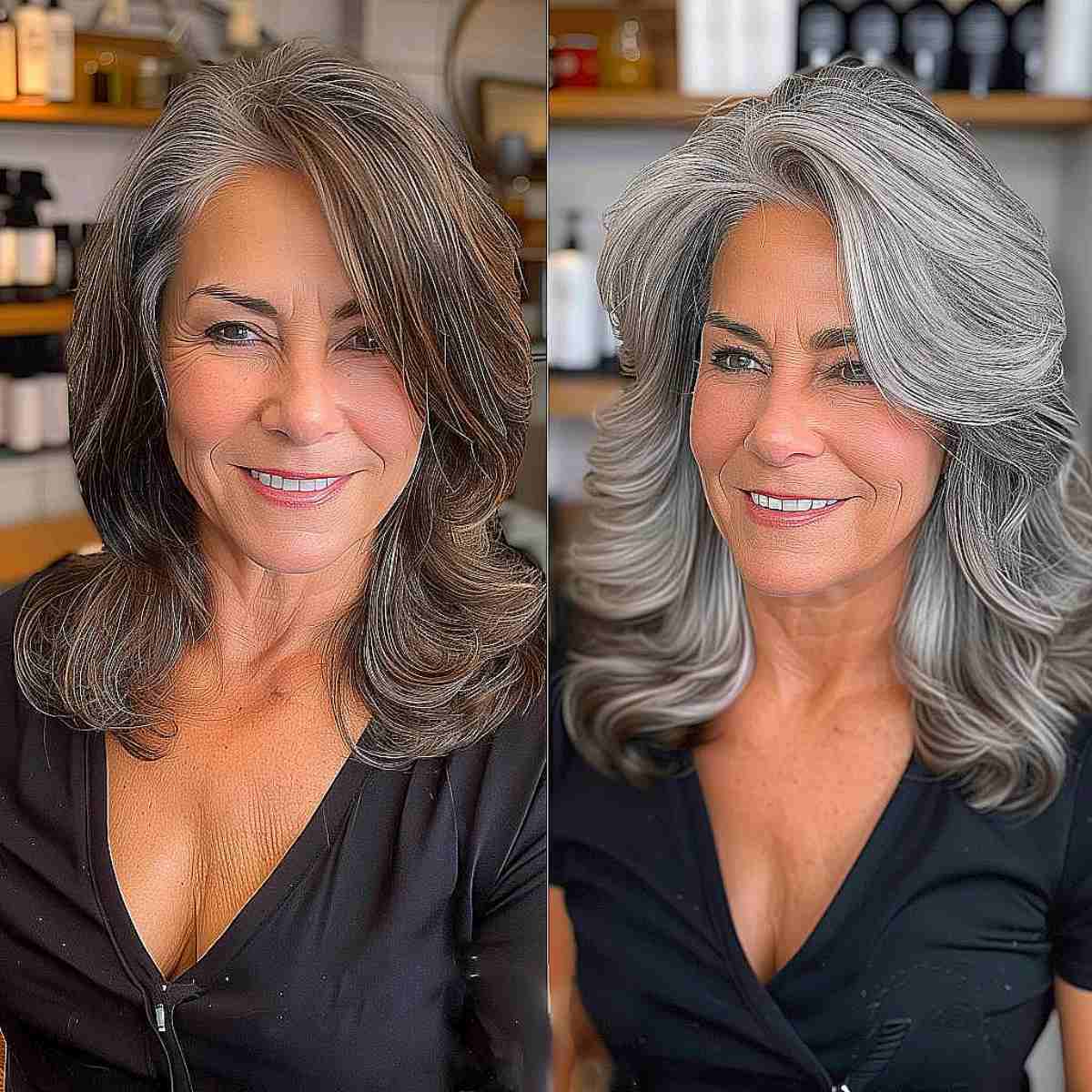 Sophisticated mid-length haircut with layered flip and side bangs, perfect for showcasing natural gray.