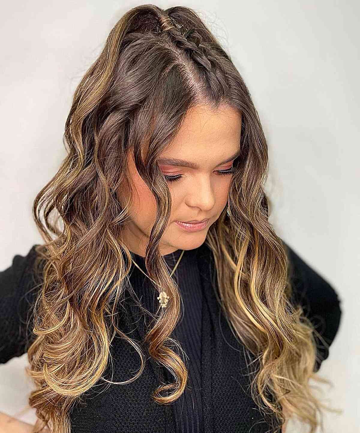 Chic Mini Braided Half-Ponytail with Luscious Waves Down Hairstyle