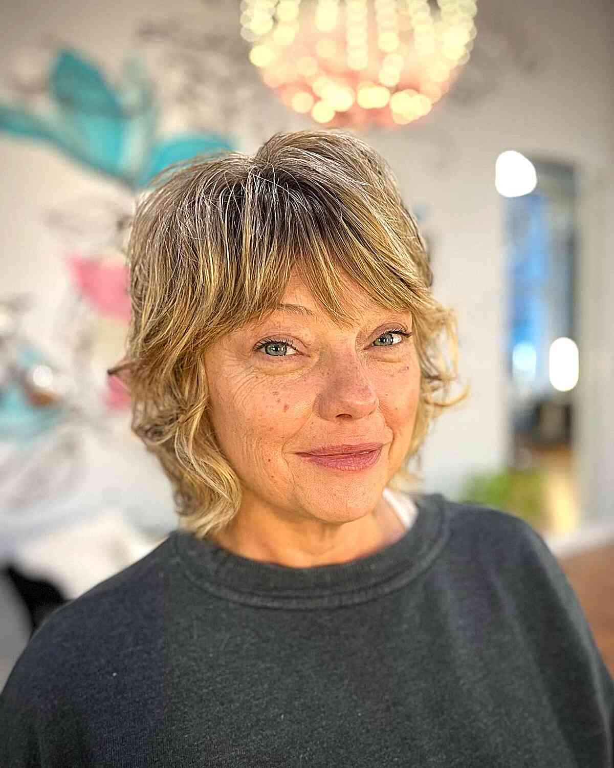 Chic Mini Shag with Bangs and Sun-Kissed Balayage for 60-year-old Women