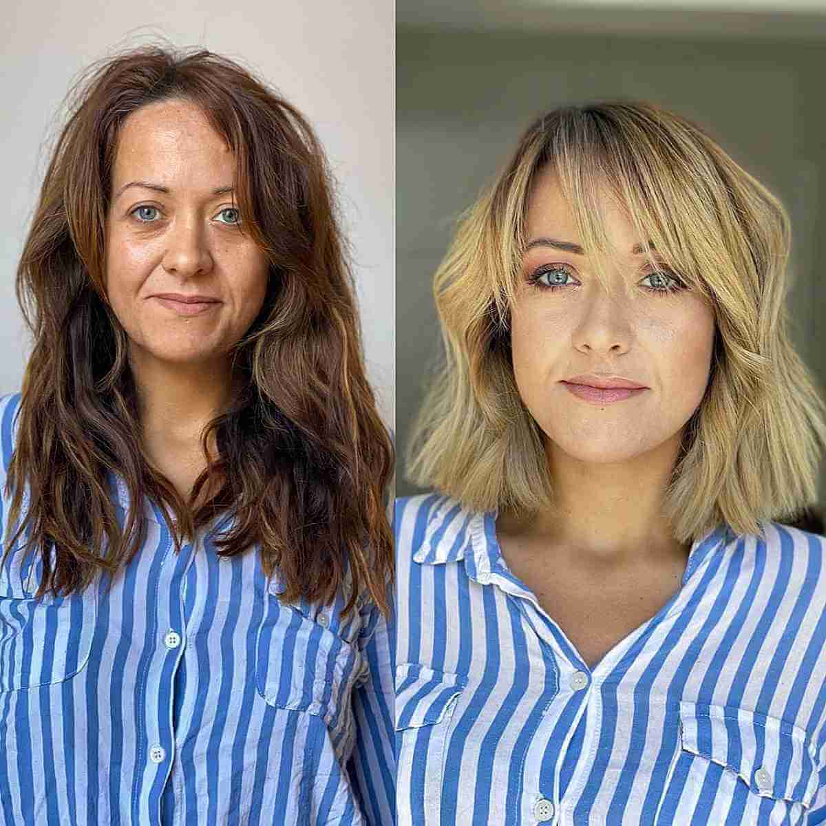 Chic Neck-Length Blonde Bob with Long Bangs for Ladies 40 and Over