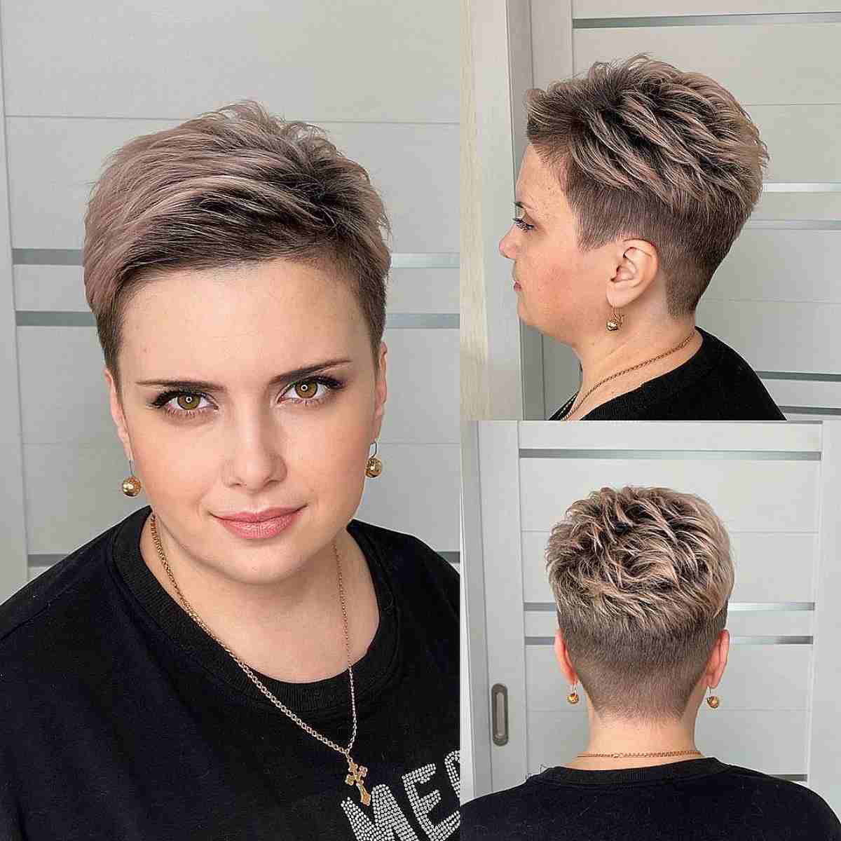 Chic Pixie Undercut Featuring Textured Layers for Chubby Face Shapes
