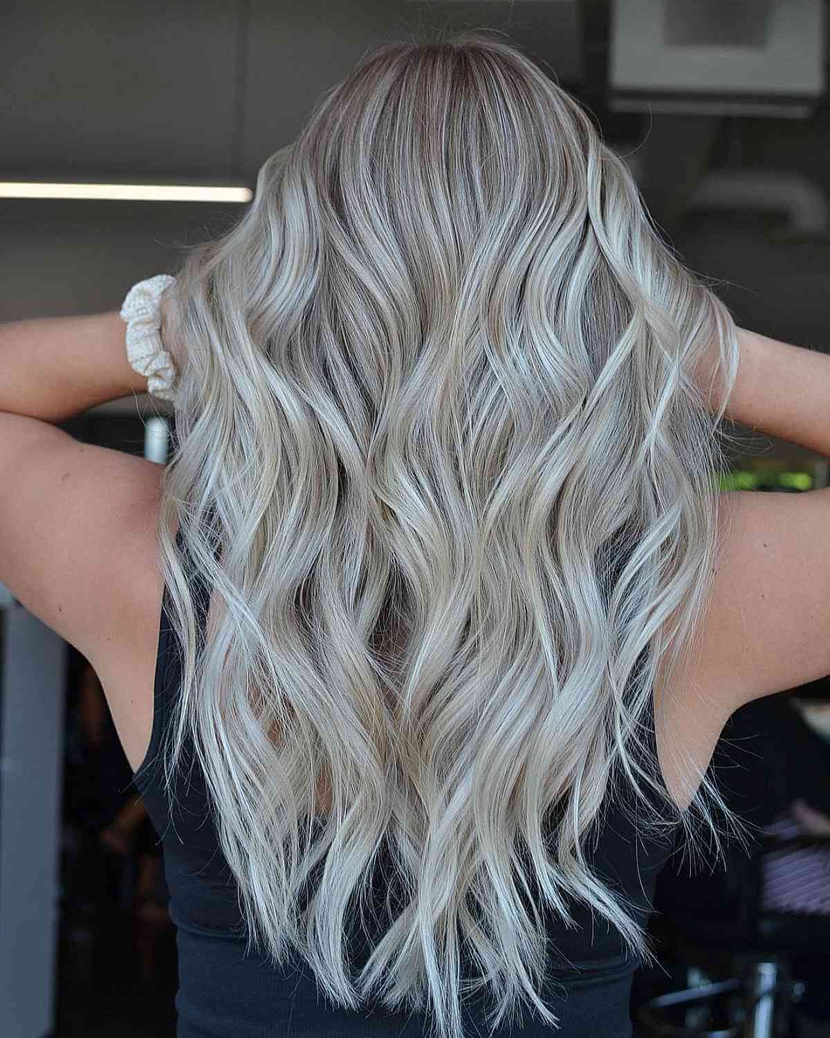 Chic Platinum Icy Blonde Waves Balayage