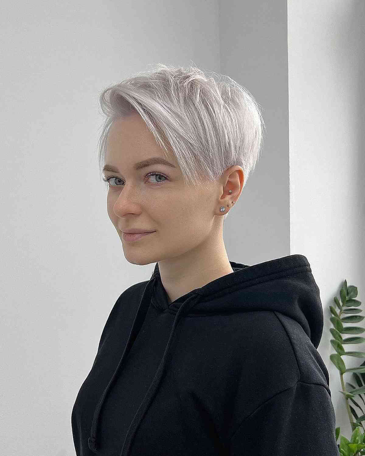 Chic Platinum Long Pixie with a Side Part