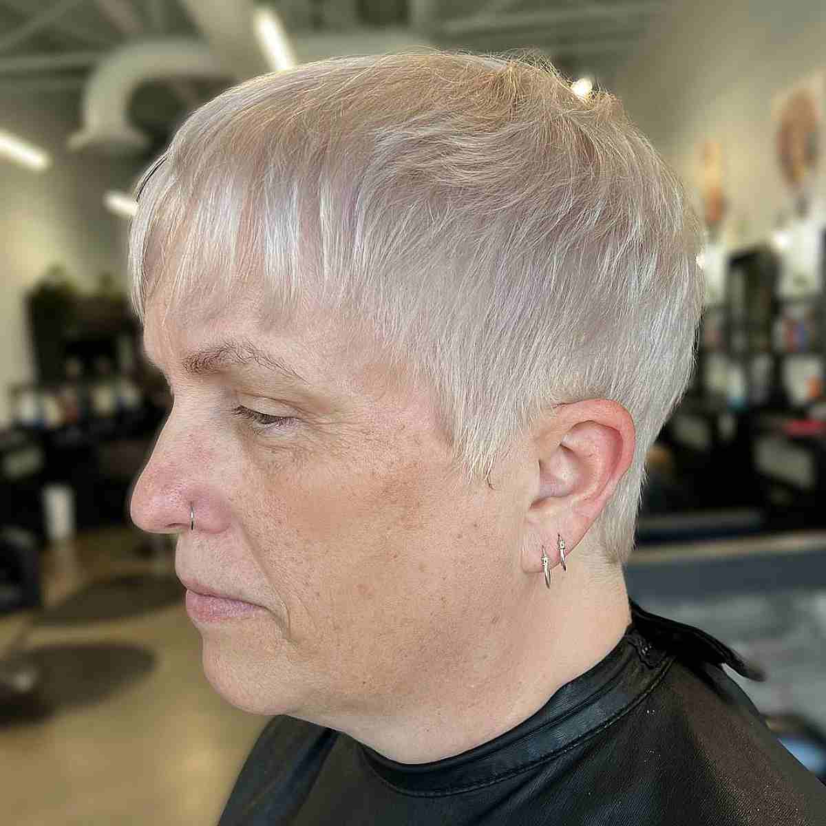 Chic Platinum Pixie with a Soft Fringe for Thinning Hair