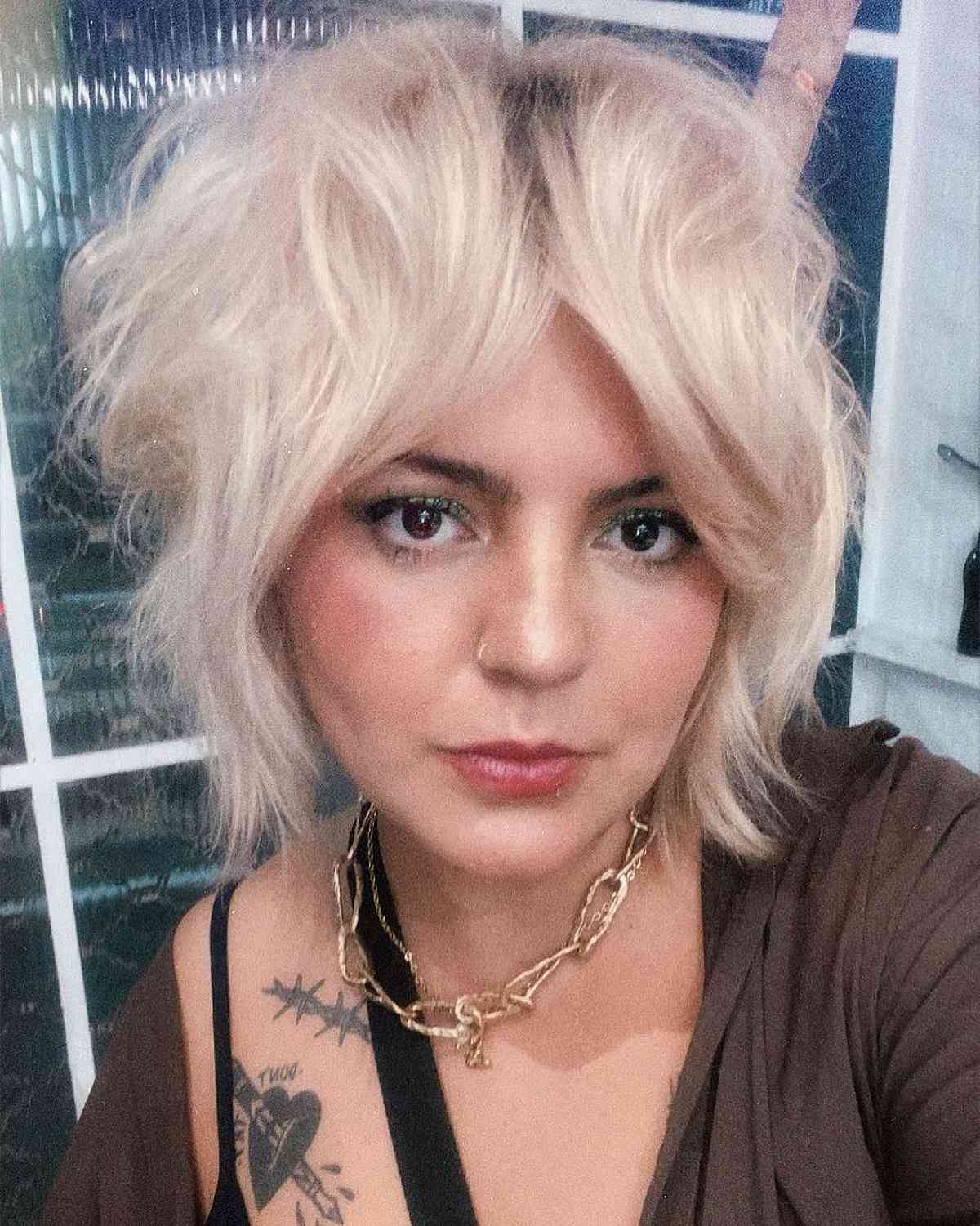 Chic Platinum Short Fluffy Shag with Curtain Bangs