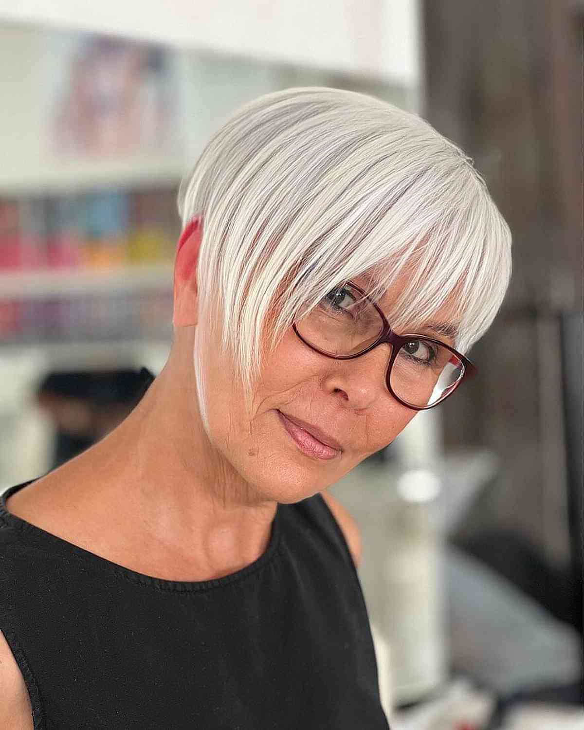 Chic Platinum Sleek Pixie Cut for Older Women with Glasses