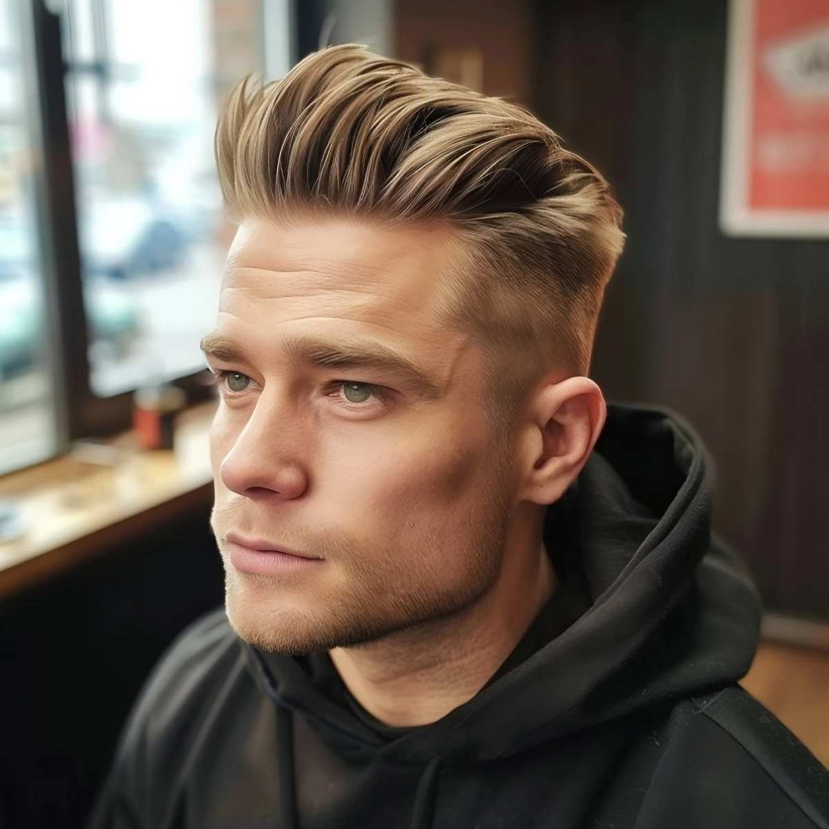 Chic Pompadour with a taper fade