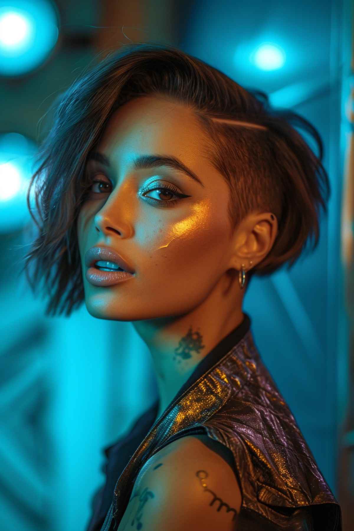 A chic razor-cut pixie bob with a bold side part on a middle-aged woman