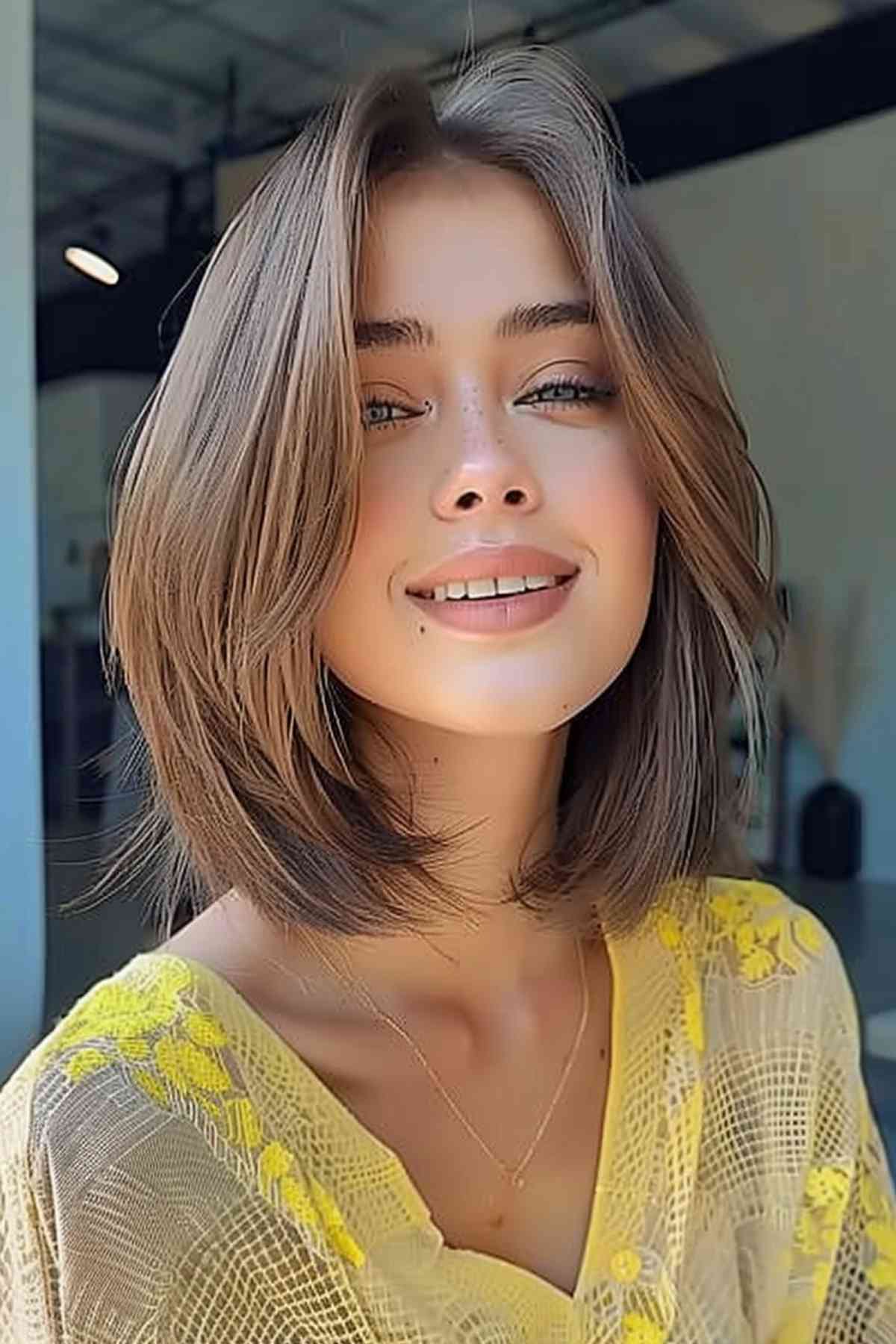 Young woman showcasing a chic rounded bob with feathered ends