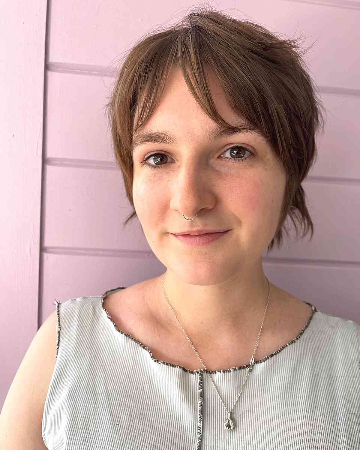 Chic Shaggy Crop with Central Parted Bangs for Fine Hair