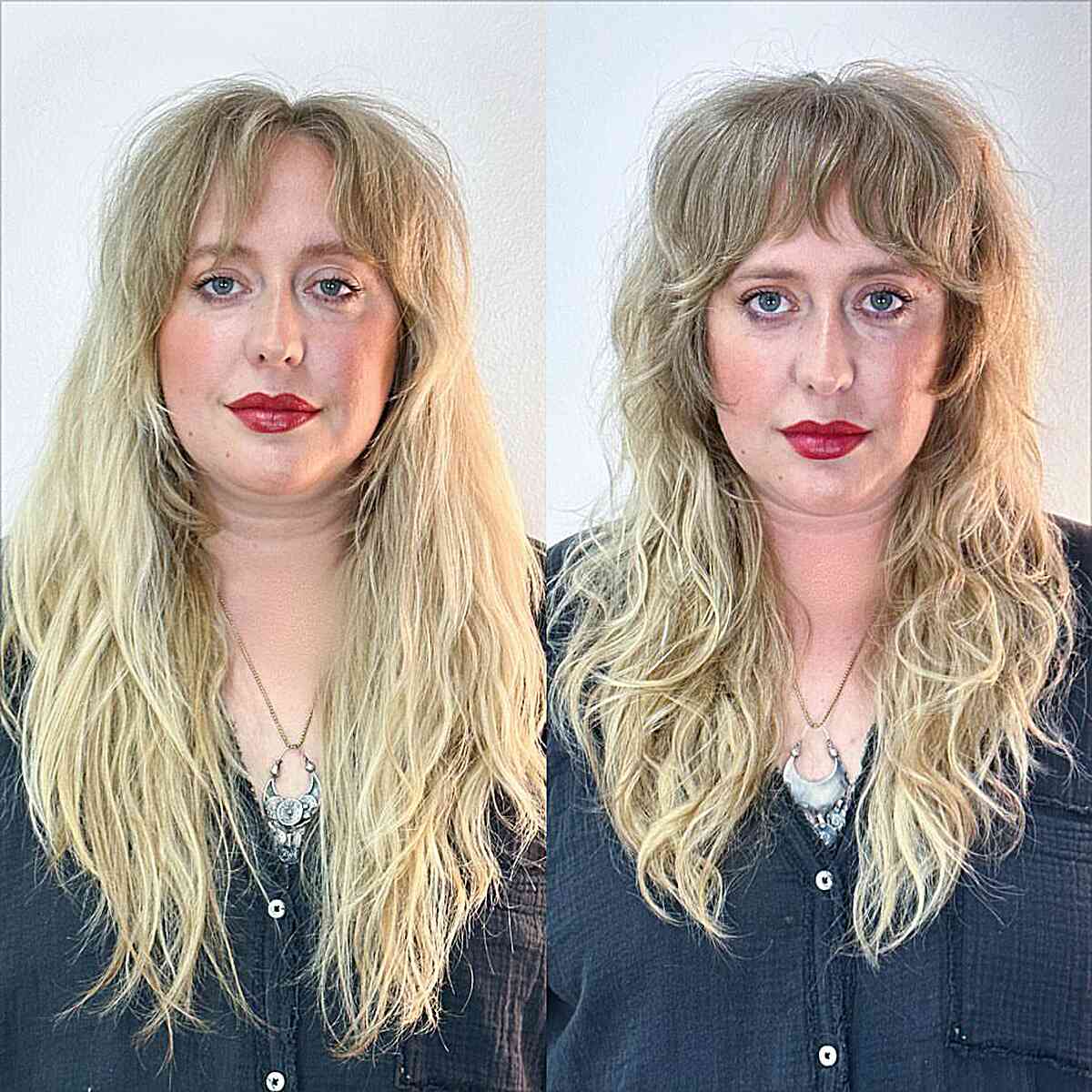 Long Chic Shaggy Cut with Bold Bottleneck Fringe