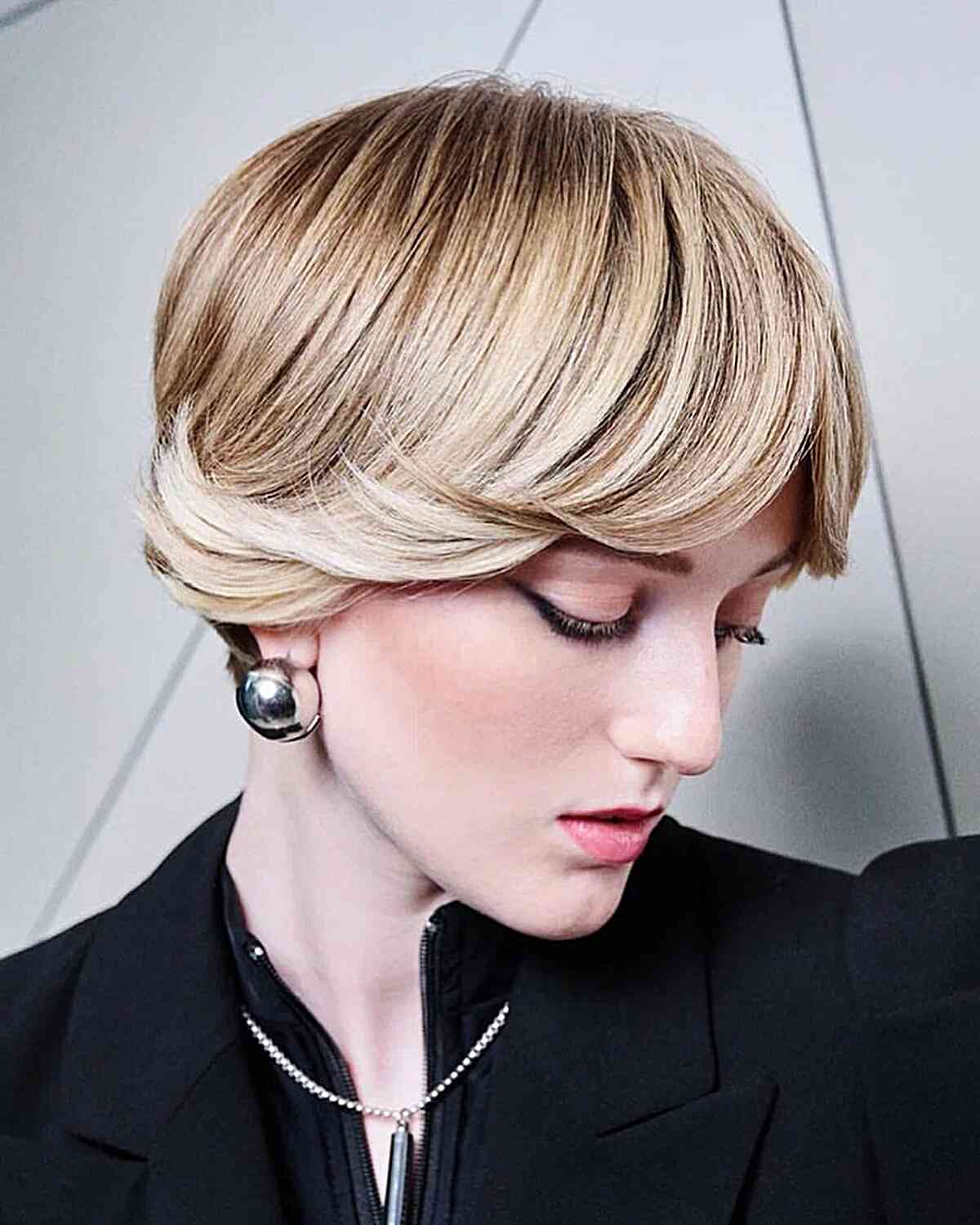 Chic Short Blonde Bob with Dark Roots and Flipped Bangs for women with light skin