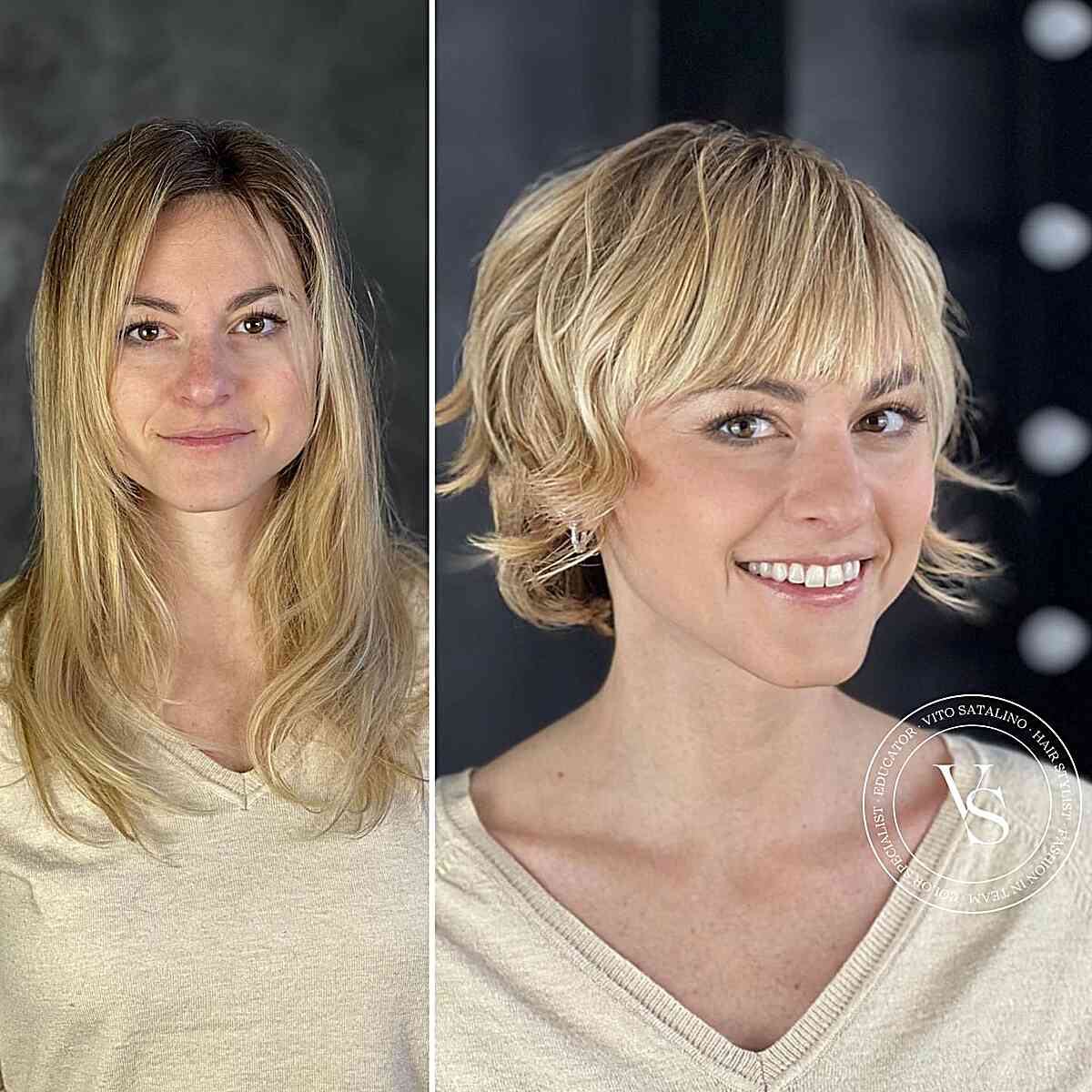 Stylish Blonde Short Shag with Bangs for women with a heart shaped face