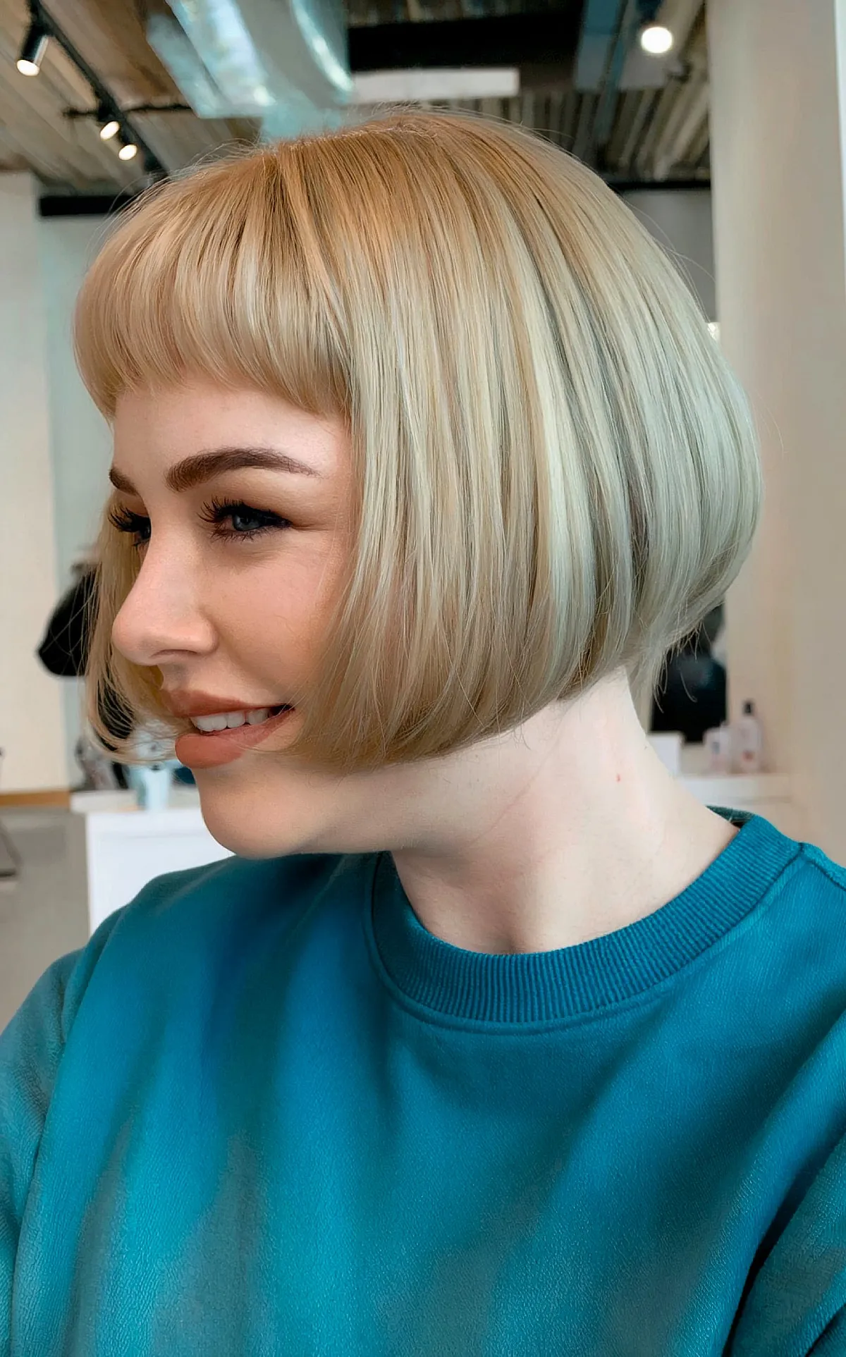 Chic Short Classic Bob with Curved Bangs on Ladies with Double Chin
