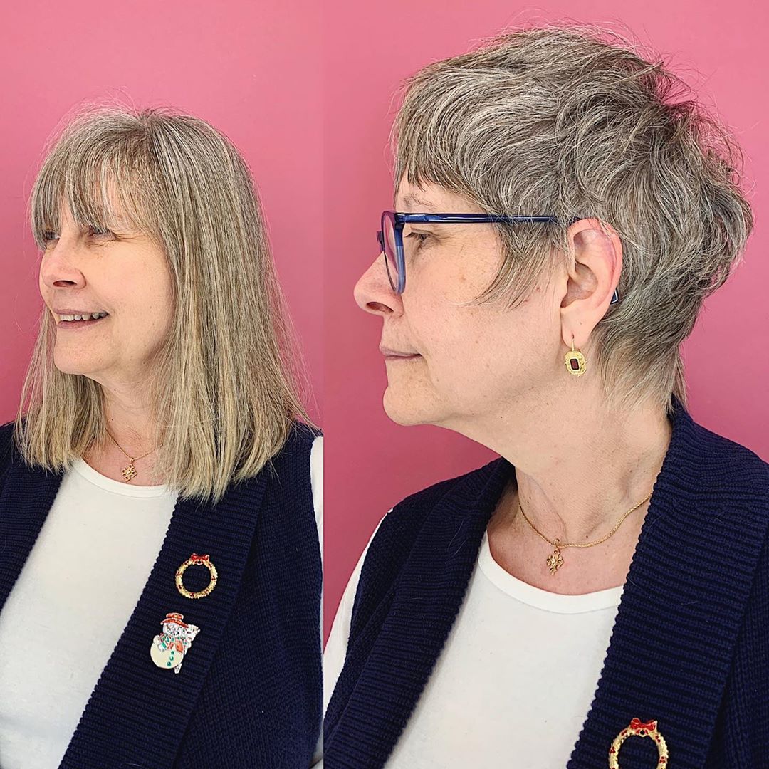 salt and pepper shag hairstyle for those over 50 with thin hair