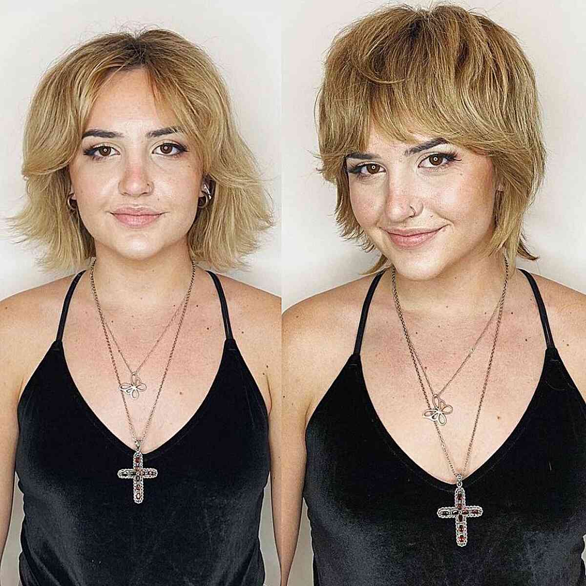 Trendy Short Shag with Bottleneck Bangs for a bold look