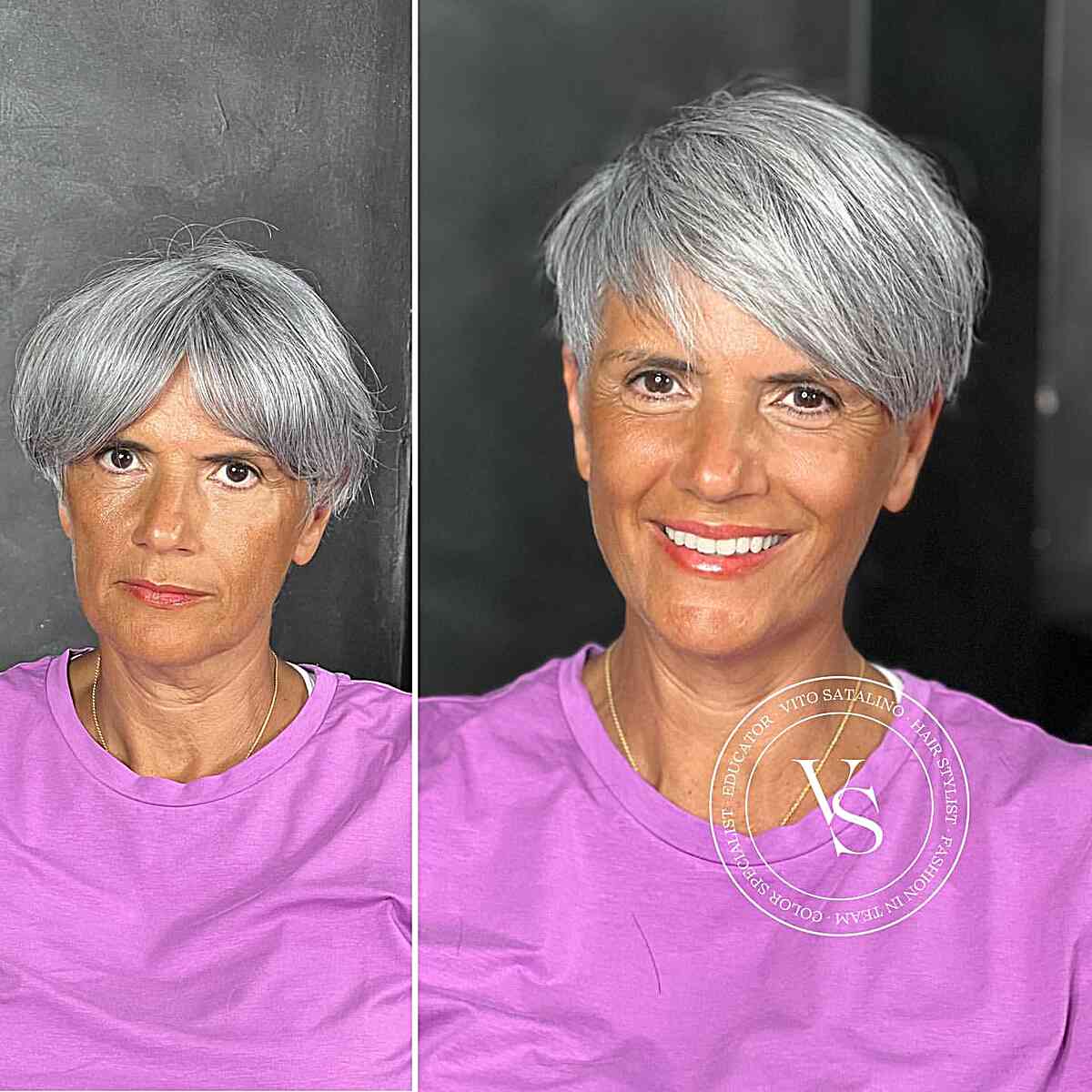 Stylish Grey-Silver Sweeping Fringe on a Pixie Cut for Women Over 60