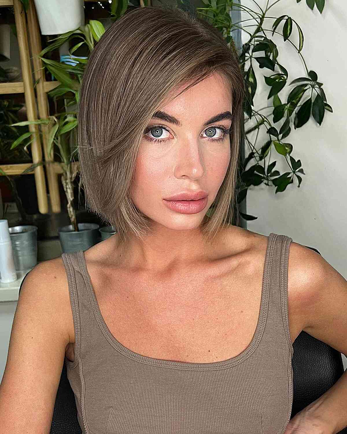 Chin-Length Smokey Ash Brown Bob for Fine Hair