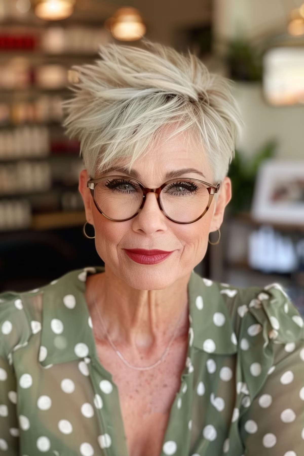 Chic Spiky Pixie Hairstyle for Older Women with Glasses